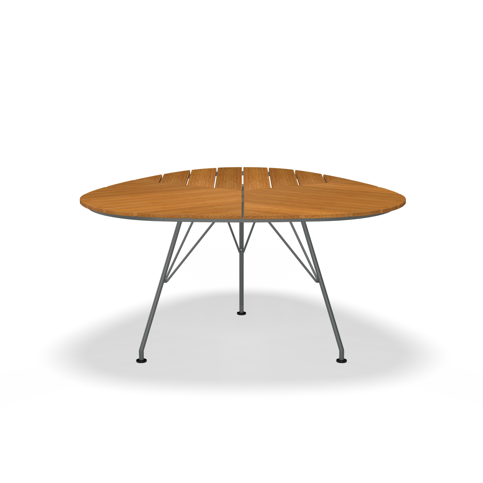 The Leaf Table by Houe, featuring a round wooden segmented top and sleek powder-coated steel legs, is showcased from the front against a black background.