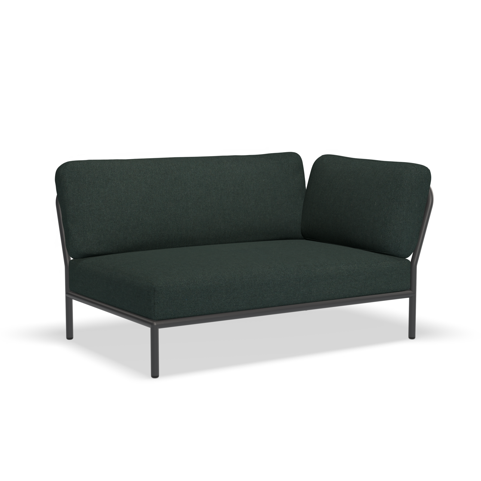 The Houe Level Corner Sofa is a modern loveseat with thin black metal legs, an L-shaped cushioned backrest, and durable Sunbrella fabric. Made from powder-coated aluminum, its minimalistic dark green design is perfect for contemporary interiors.