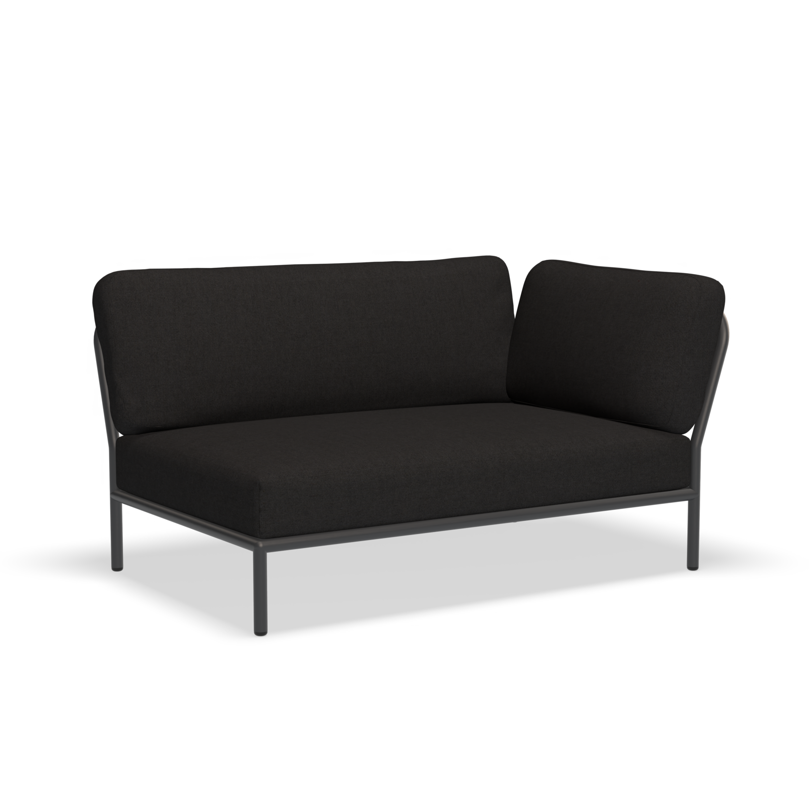 The sleek Level Corner Sofa by Houe features a minimalist black design with a powder-coated aluminum frame and cushioned backrest, boasting a low-profile, L-shaped orientation.
