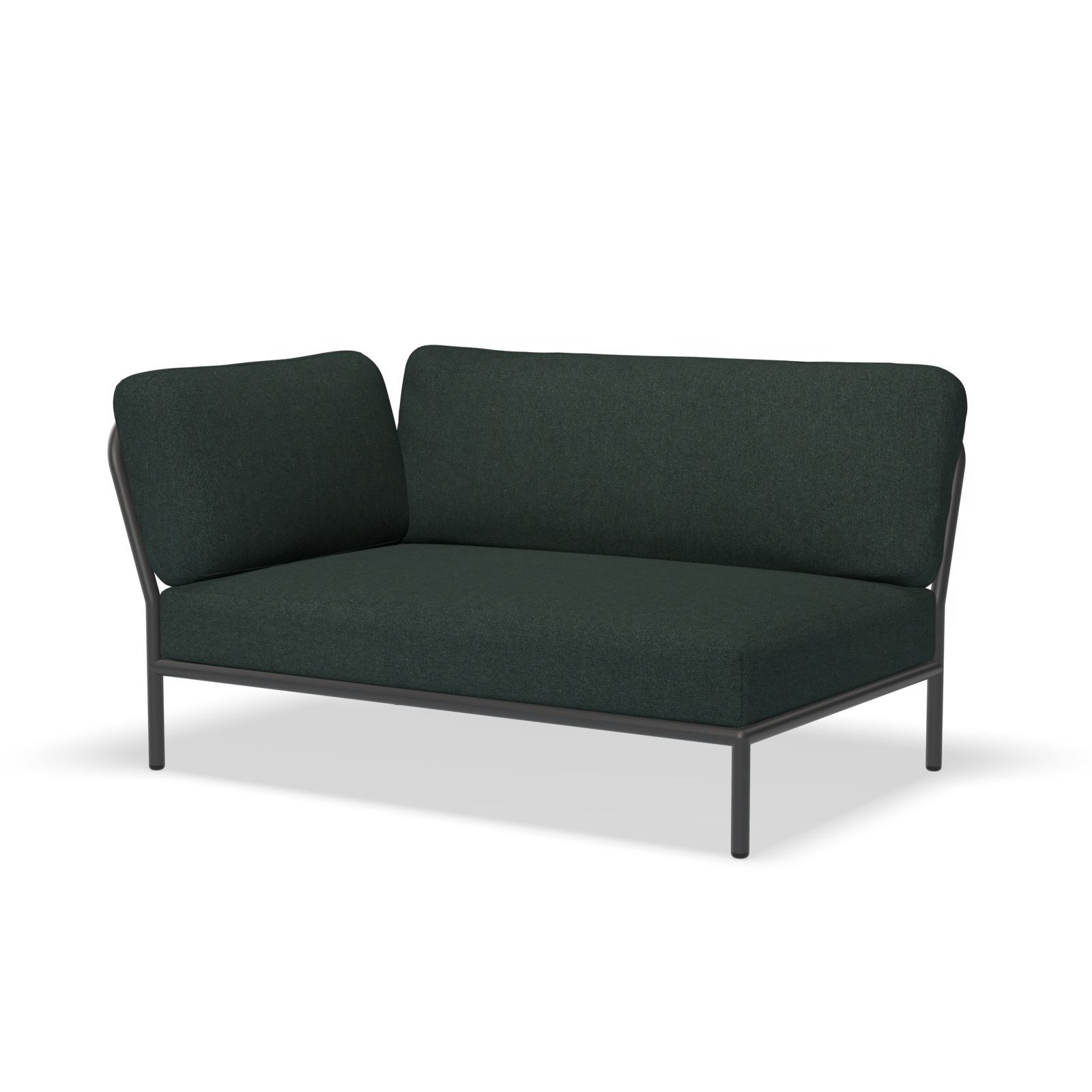 The Houe Level Corner Sofa is a modern dark green loveseat with sleek metal legs and an L-shaped backrest crafted from powder-coated aluminum. Its plush upholstery provides a minimalist look, enhanced by durable materials like Sunbrella fabric for style and longevity.