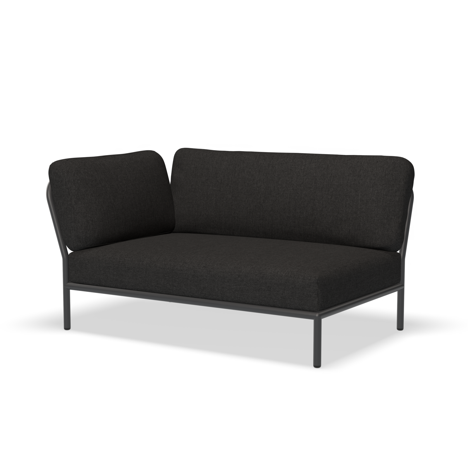 The Level Corner Sofa by Houe is a modern black loveseat with a powder-coated aluminum frame, cushioned backrest and seat, set against a white background. Its minimalist, sleek design features clean lines, perfect for contemporary interiors.