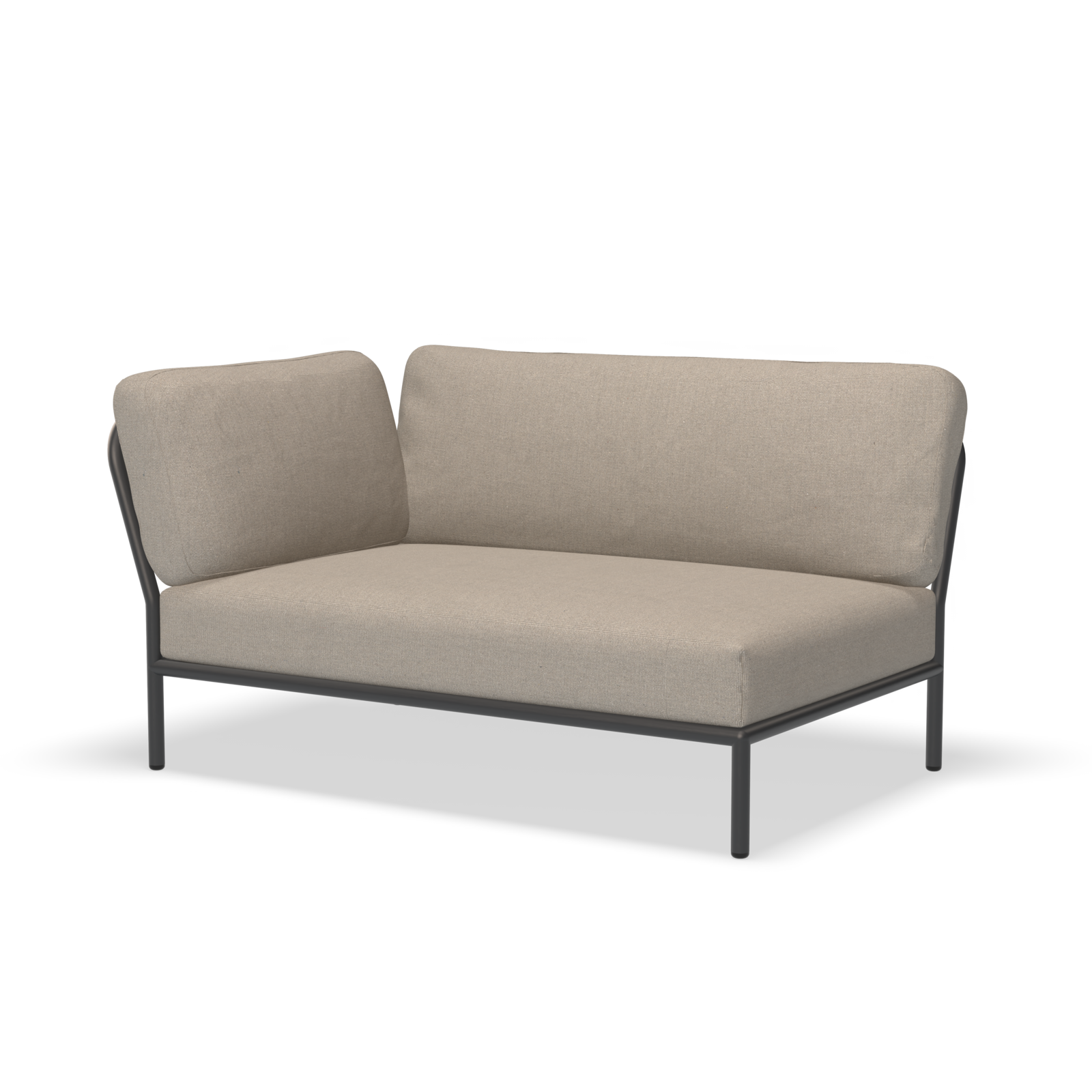 The Level Corner Sofa by Houe features a beige cushioned L-shaped design with a black powder-coated aluminum frame, plush backrest, and one-sided armrest for corner seating. Its use of durable Sunbrella fabric offers a modern and minimalist appeal.
