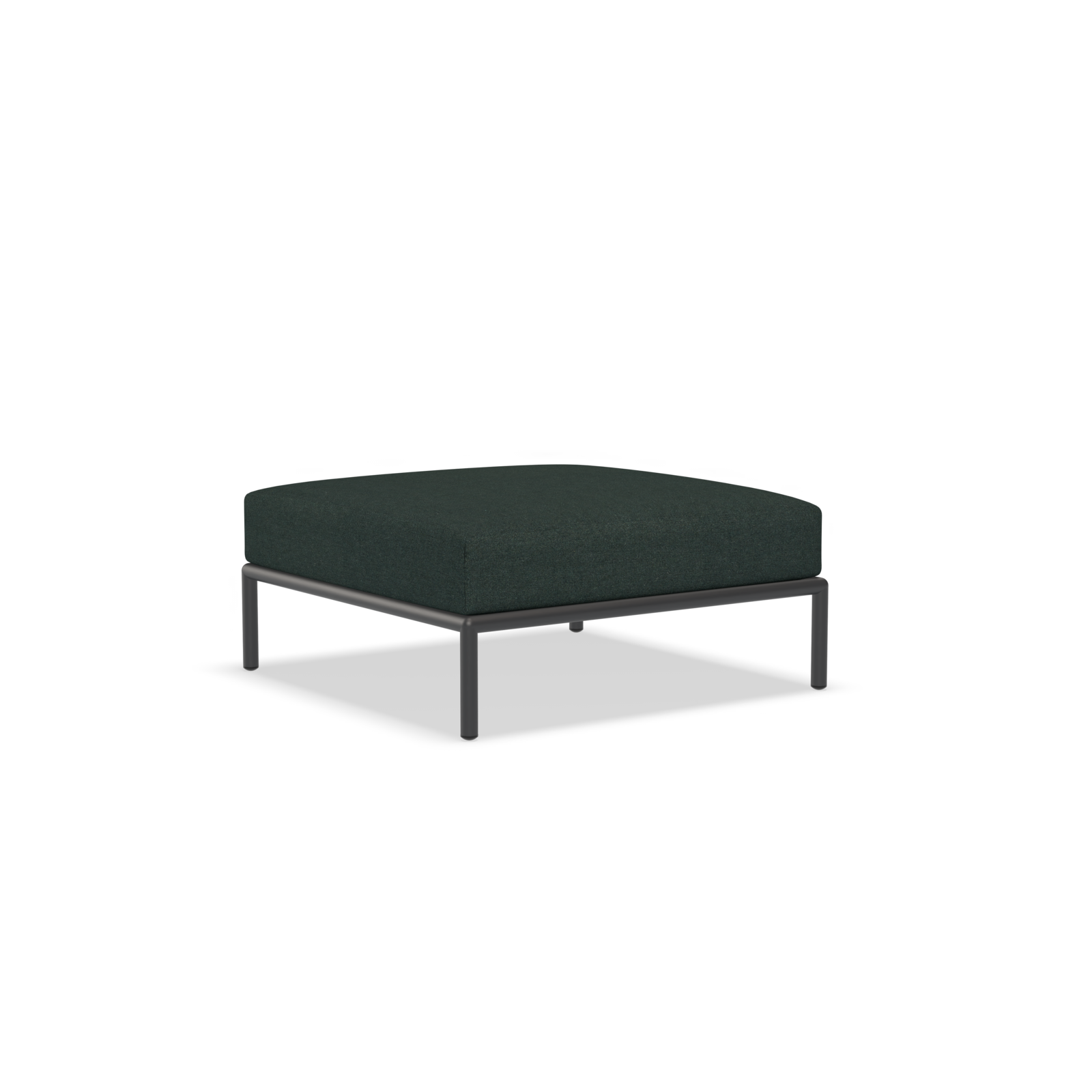 The Level Ottoman by Houe features a modern, minimalist design with a square shape. It has powder-coated aluminum legs and is upholstered in dark fabric.