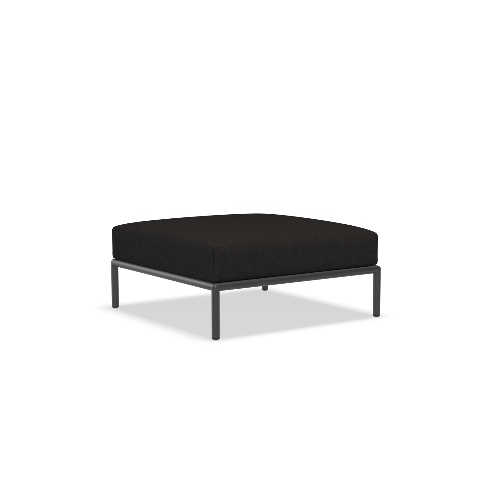 The Houe Level Ottoman boasts a modern design with powder-coated aluminum legs in black, ensuring durability and a sleek, low-profile appearance.
