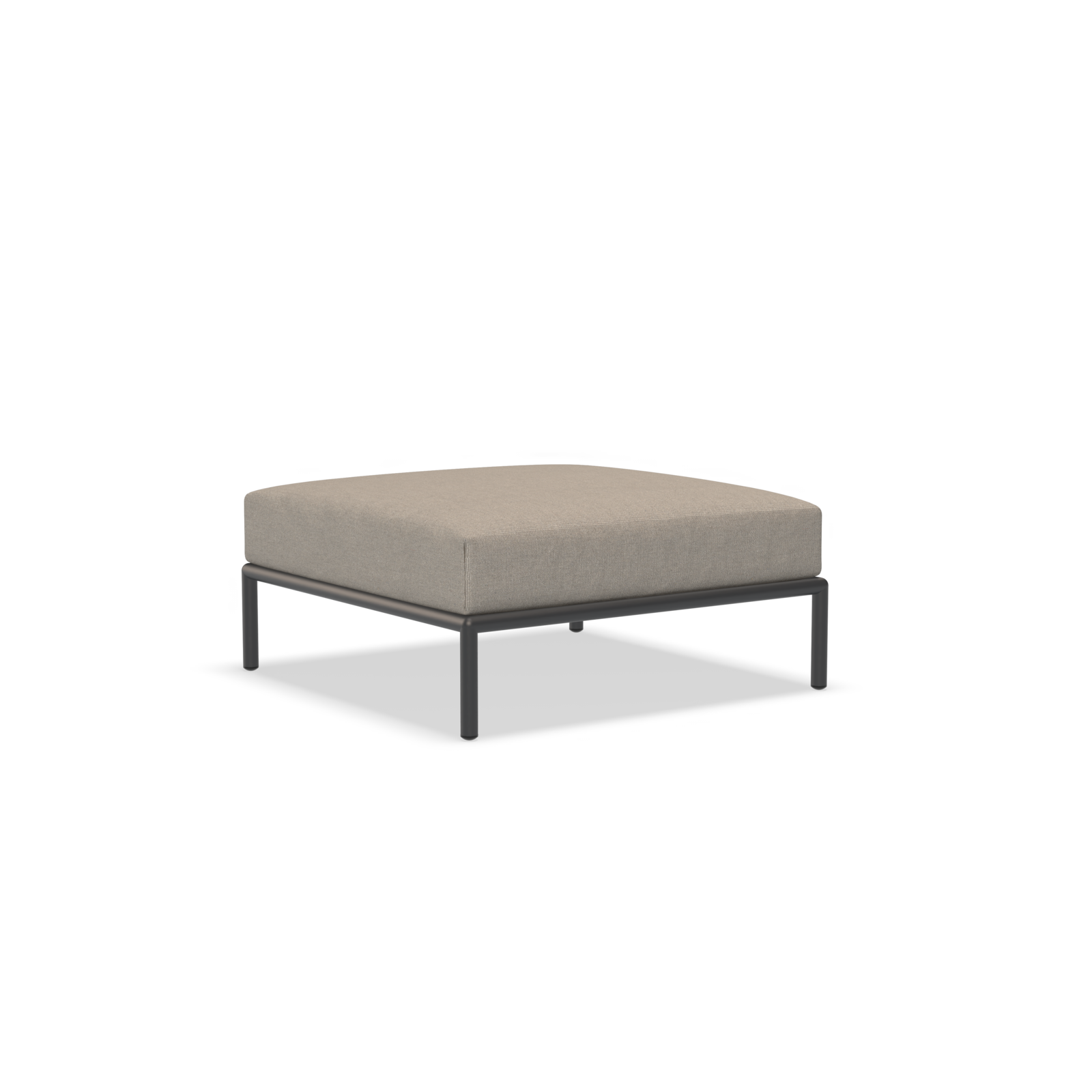 The Houe Level Ottoman features a minimalist design with a beige cushion and a sleek, powder-coated aluminum frame. Its simple lines integrate seamlessly with contemporary interiors.