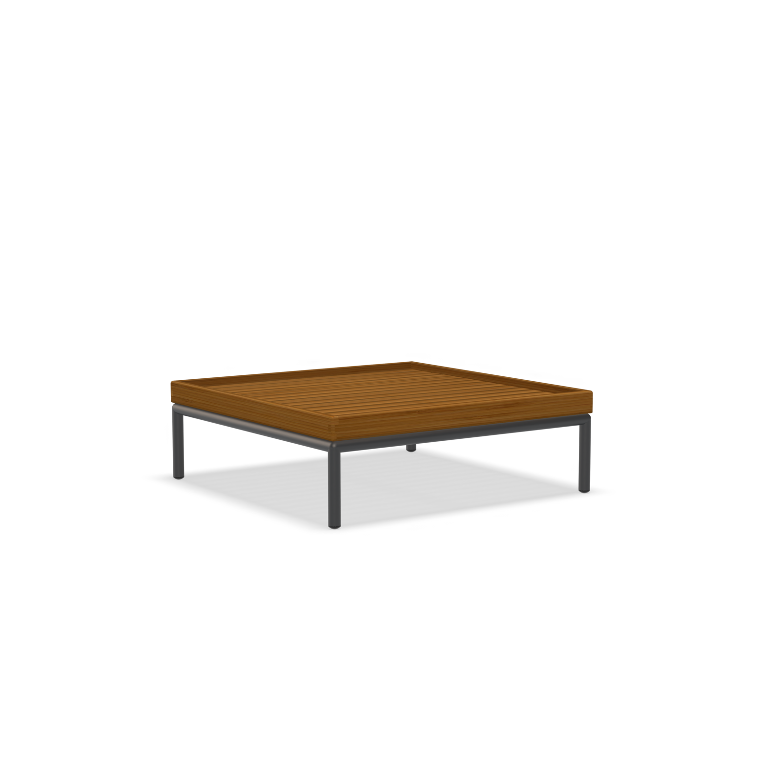 The Level Coffeetable by Houe features a square wooden slatted top and black powder-coated aluminum legs, showcasing a modern, minimalist design.