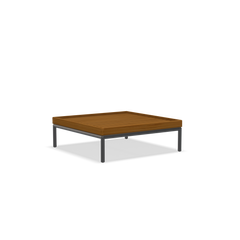 The Level Coffeetable by Houe features a square wooden slatted top and black powder-coated aluminum legs, showcasing a modern, minimalist design.