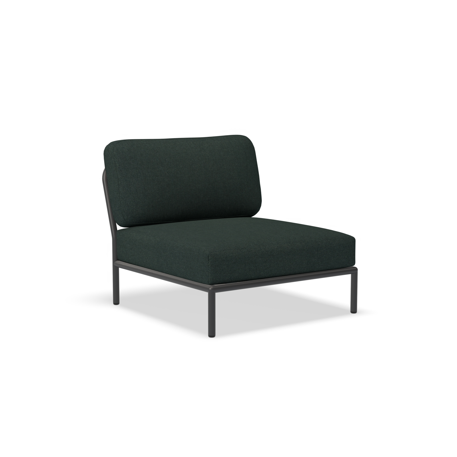 The Level Lounge Chair by Houe is a modern armless chair featuring dark green Sunbrella upholstery and a sleek black metal frame. It has a square seat, rectangular backrest, and sits on four slender powder-coated aluminum legs.