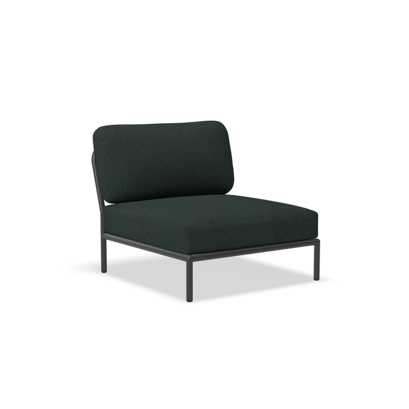 The Level Lounge Chair by Houe is a modern armless chair featuring dark green Sunbrella upholstery and a sleek black metal frame. It has a square seat, rectangular backrest, and sits on four slender powder-coated aluminum legs.