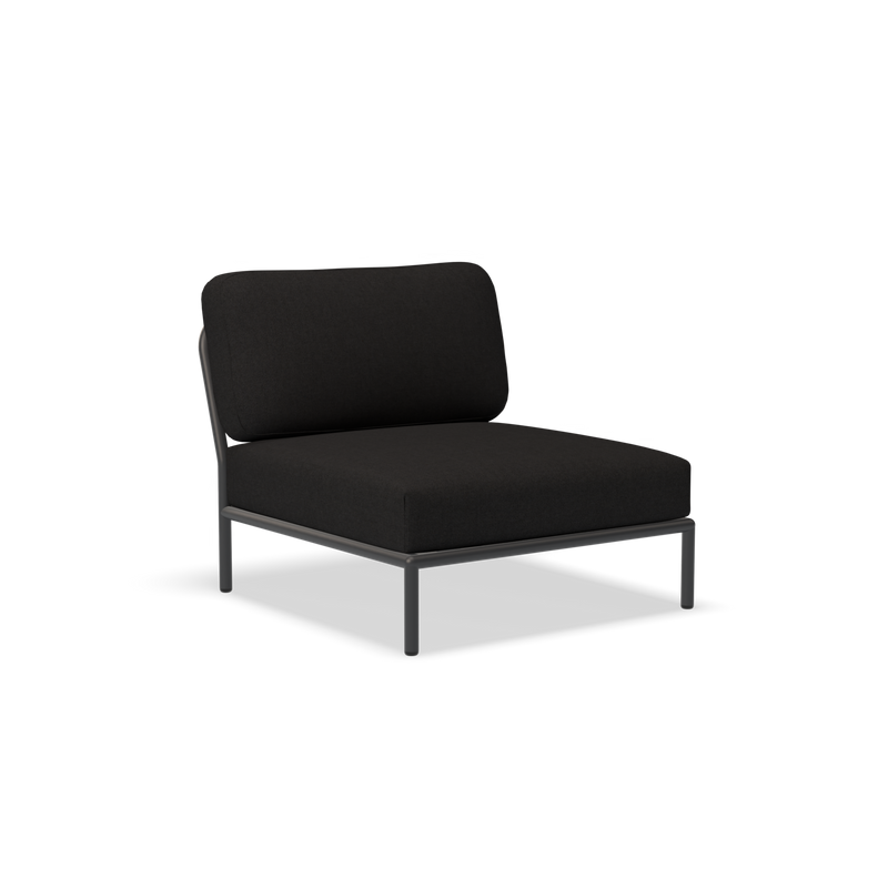 The Level Lounge Chair by Houe is a modern, black cushioned chair featuring a sleek aluminum frame with no armrests. It boasts a minimalist design with a slightly angled backrest and square seat.