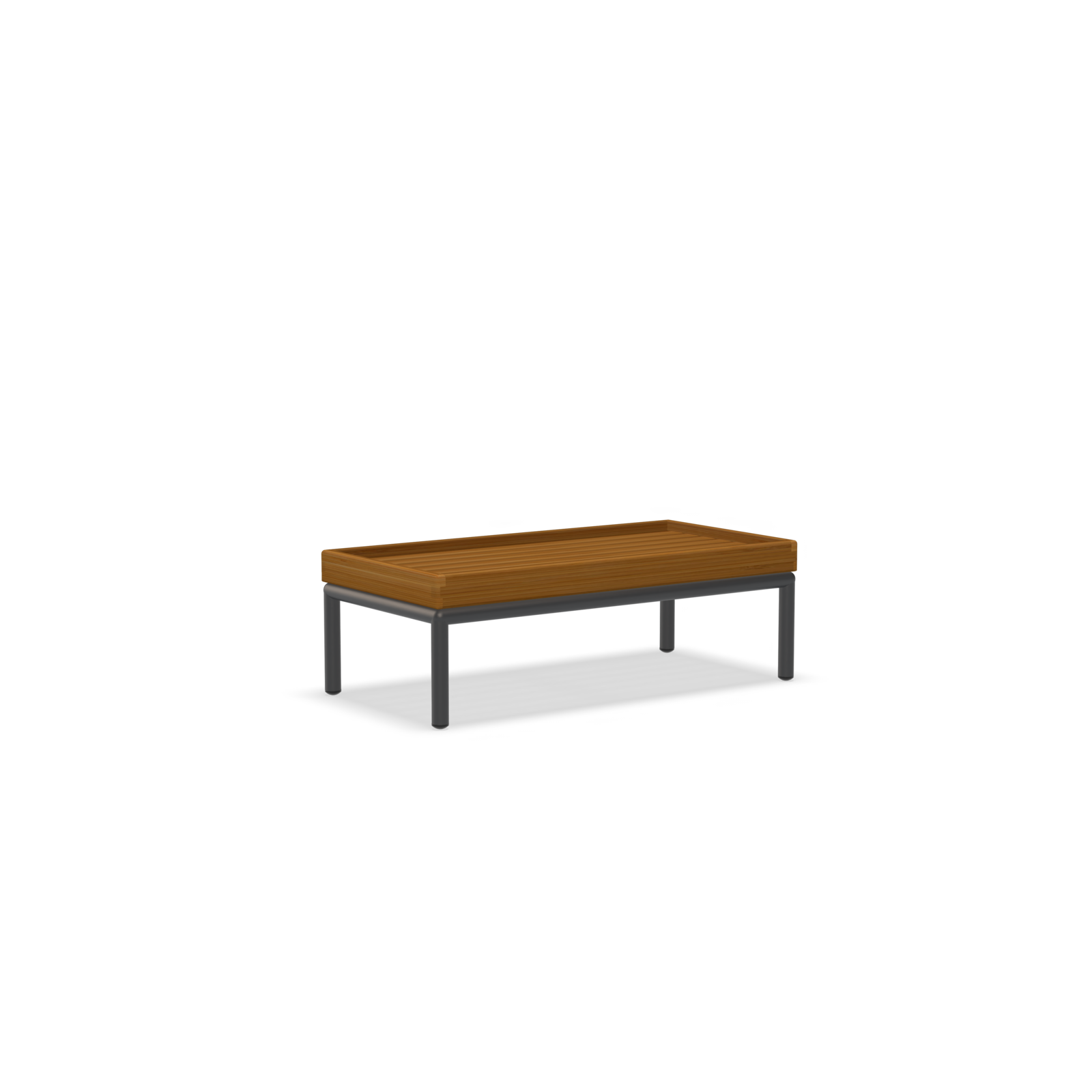 The Level Coffeetable by Houe features a rectangular wooden bench top with slats and black powder-coated aluminum legs, set against a transparent background.