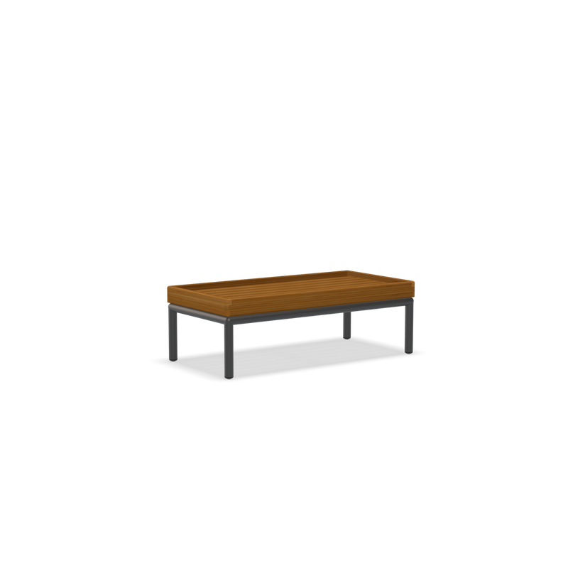 The Level Coffeetable by Houe features a rectangular wooden bench top with slats and black powder-coated aluminum legs, set against a transparent background.