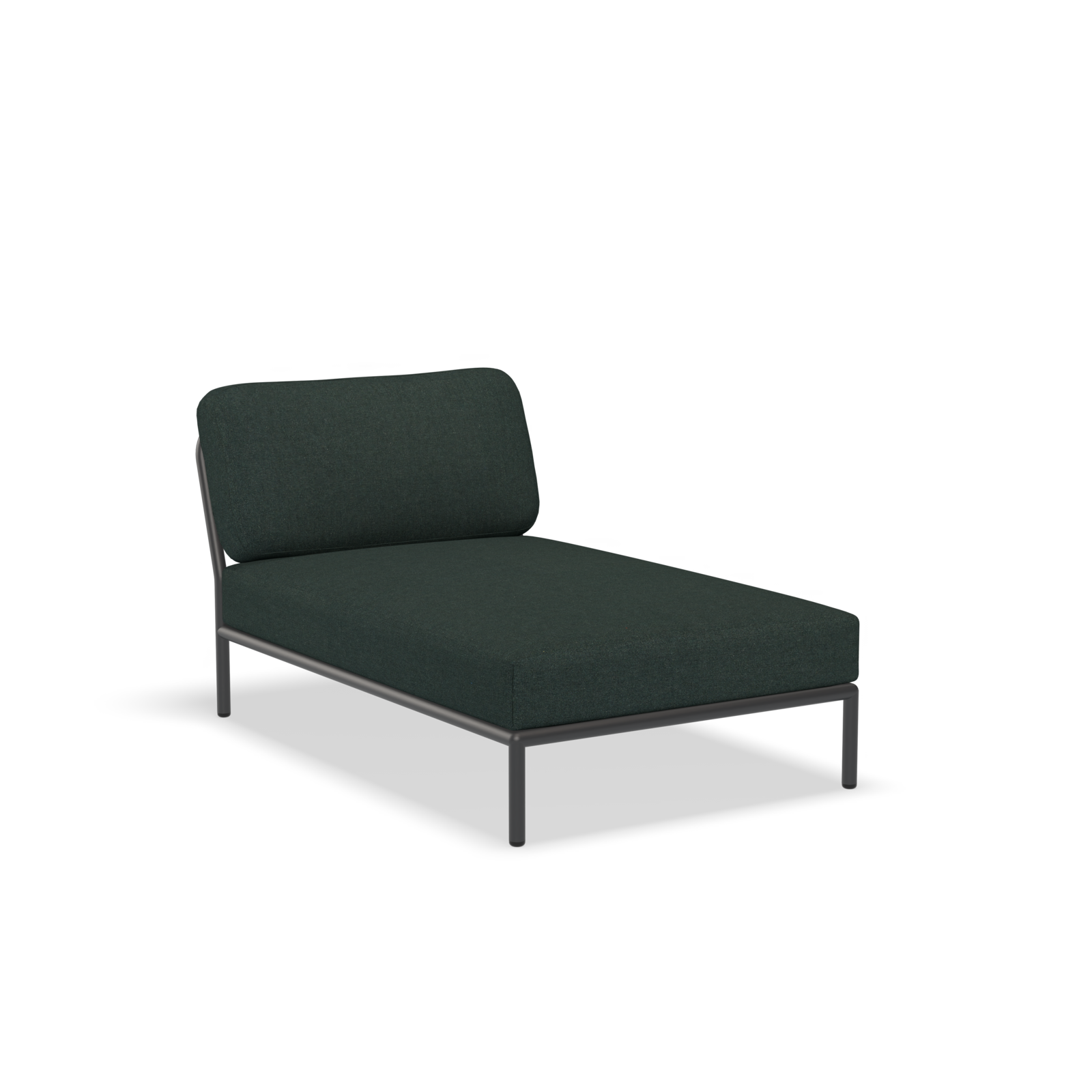 The Level Chaiselongue by Houe is a dark green chaise lounge with a black powder-coated aluminum frame, cushioned backrest, and seat, offering a sleek and modern design suitable for indoor and outdoor use.