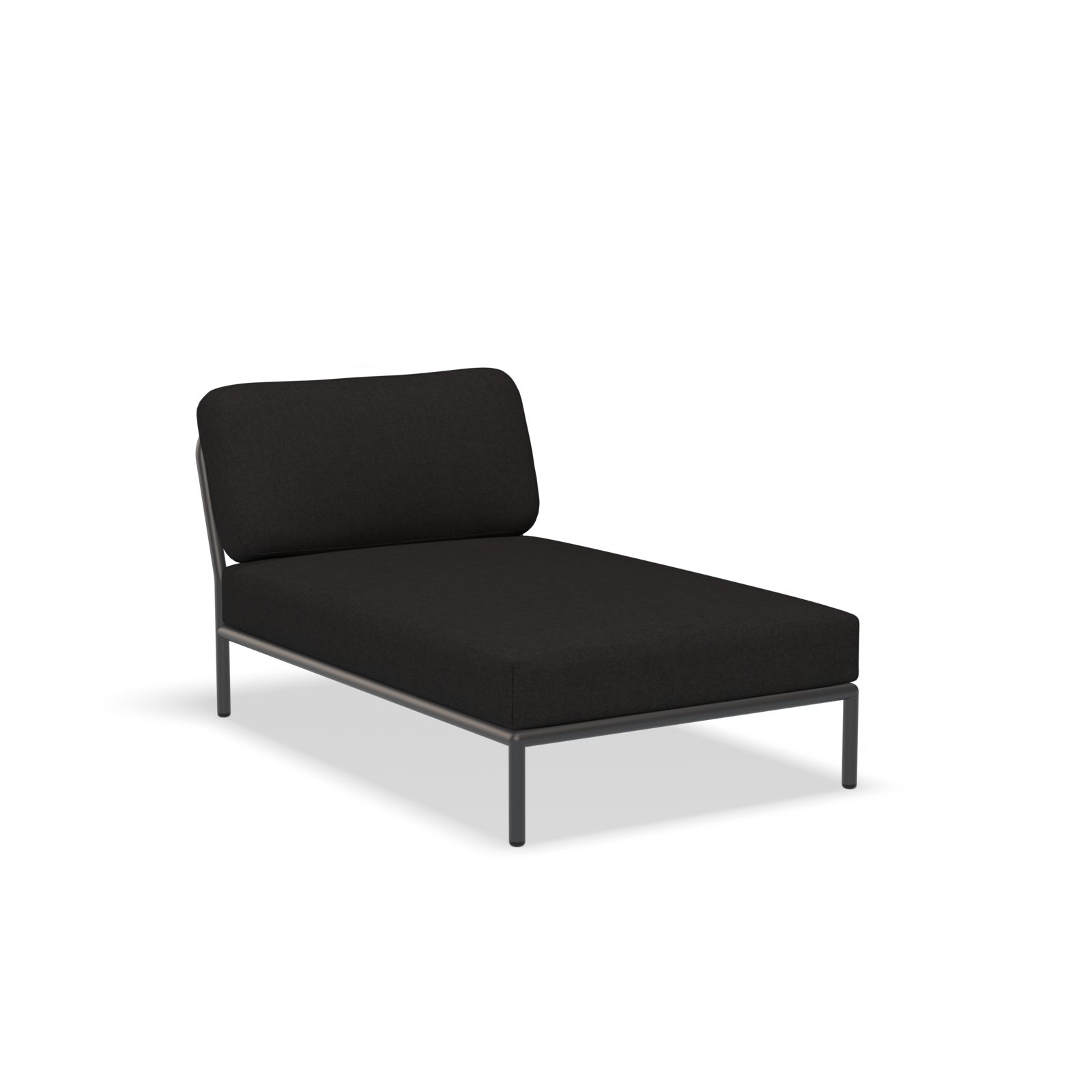 The Level Chaiselongue by Houe is a modern chaise lounge with a sleek, minimalist design crafted from powder-coated aluminum. It features a black Sunbrella fabric cushion and metal frame with one-sided backrest, elegantly set against a plain white background.