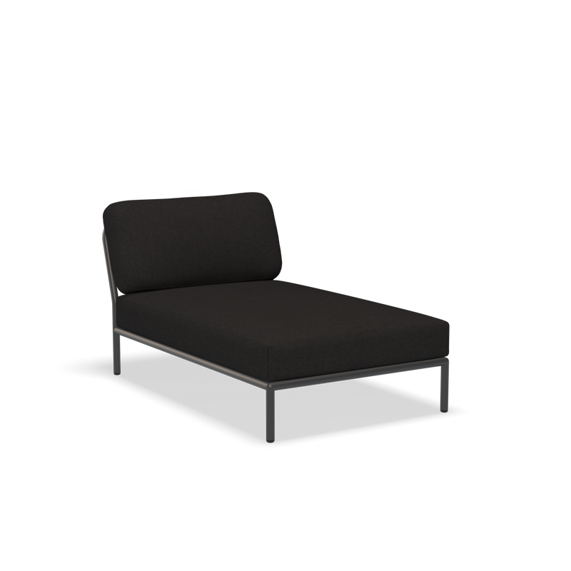 The Level Chaiselongue by Houe is a modern chaise lounge with a sleek, minimalist design crafted from powder-coated aluminum. It features a black Sunbrella fabric cushion and metal frame with one-sided backrest, elegantly set against a plain white background.