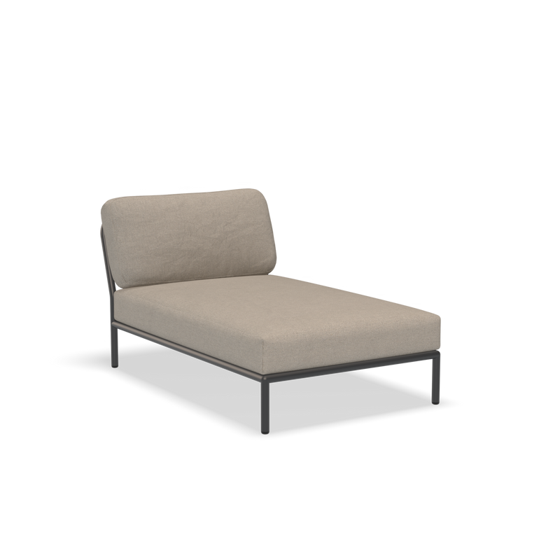 The Houe Level Chaiselongue features a modern, minimalist design with a beige Sunbrella fabric cushion and a powder-coated aluminum frame. It has a rectangular seat and single backrest cushion, perfectly integrating with Houe LEVEL modules for versatile outdoor living.