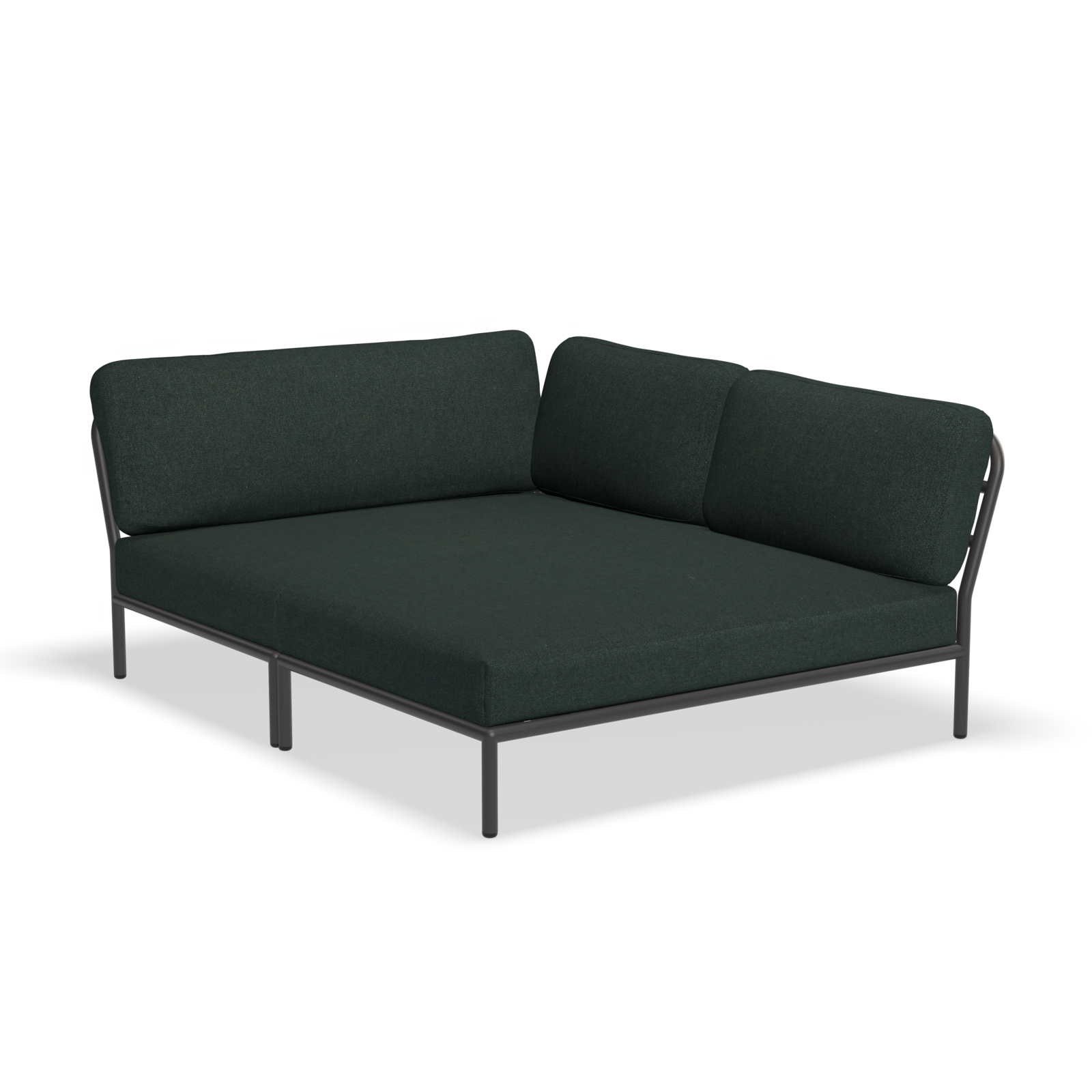 The Houe Level Cozy Corner is a dark green, L-shaped sectional sofa with slim black metal legs and plain upholstery. Its minimalist design includes cushions forming the backrest, with durable, water-repellent fabric for easy cleaning.