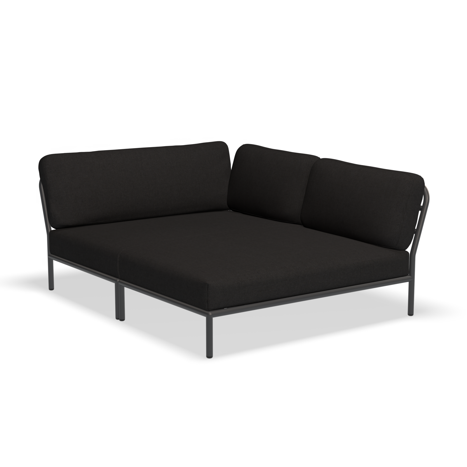 The Houe Level Cozy Corner is a minimalist black L-shaped sectional sofa with a low backrest and thin metal legs made from powder-coated aluminum. Its sleek design features water-repellent fabric, combining style and practicality.