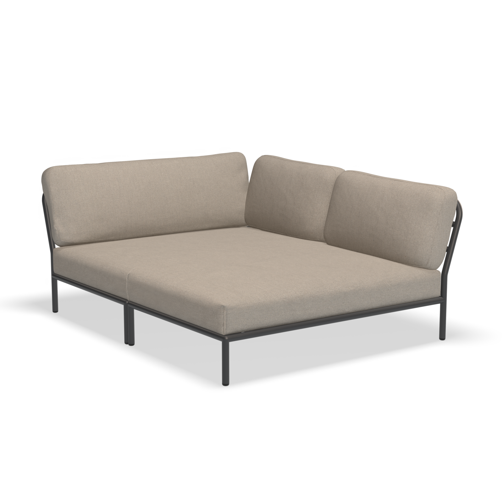 The Level Cozy Corner by Houe is a beige L-shaped outdoor sectional sofa with a minimalistic design. Made from powder-coated aluminum, it features water-repellent fabric, two backrests, and thin legs, all set against a plain background.