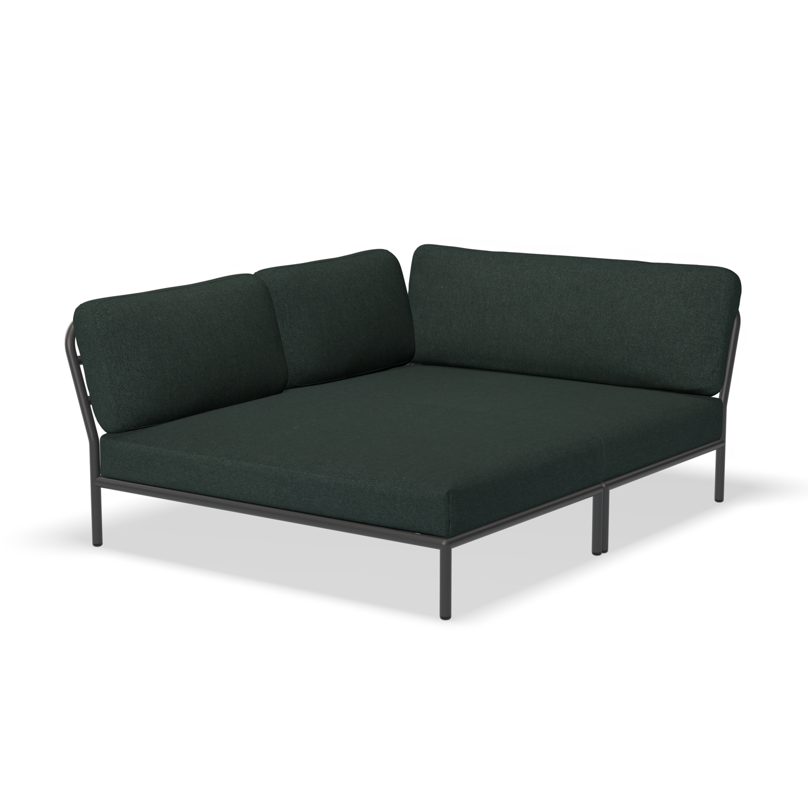 The Houe Level Cozy Corner is a dark green, L-shaped modular sofa made of powder-coated aluminum and metal, with a low backrest. Its simple, modern design includes clean lines, thick cushions, and LEVEL modules for customizable comfort. Shown on a white background.