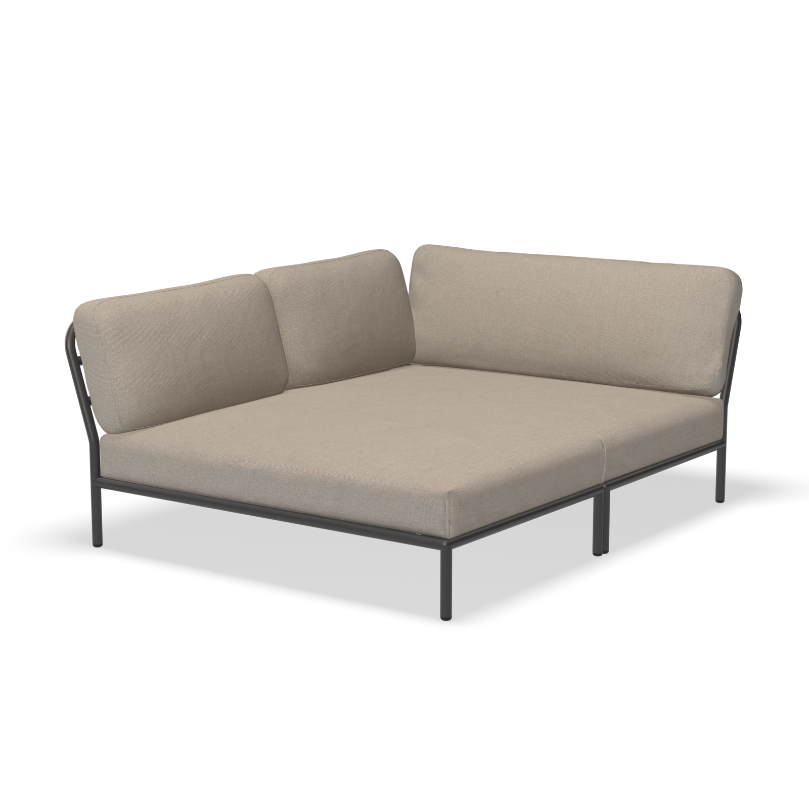 The Level Cozy Corner by Houe is a modern L-shaped sectional sofa with beige cushions on a sleek powder-coated aluminum frame. It features a minimalist design, low profile, and water-repellent fabric, perfect for contemporary living spaces.