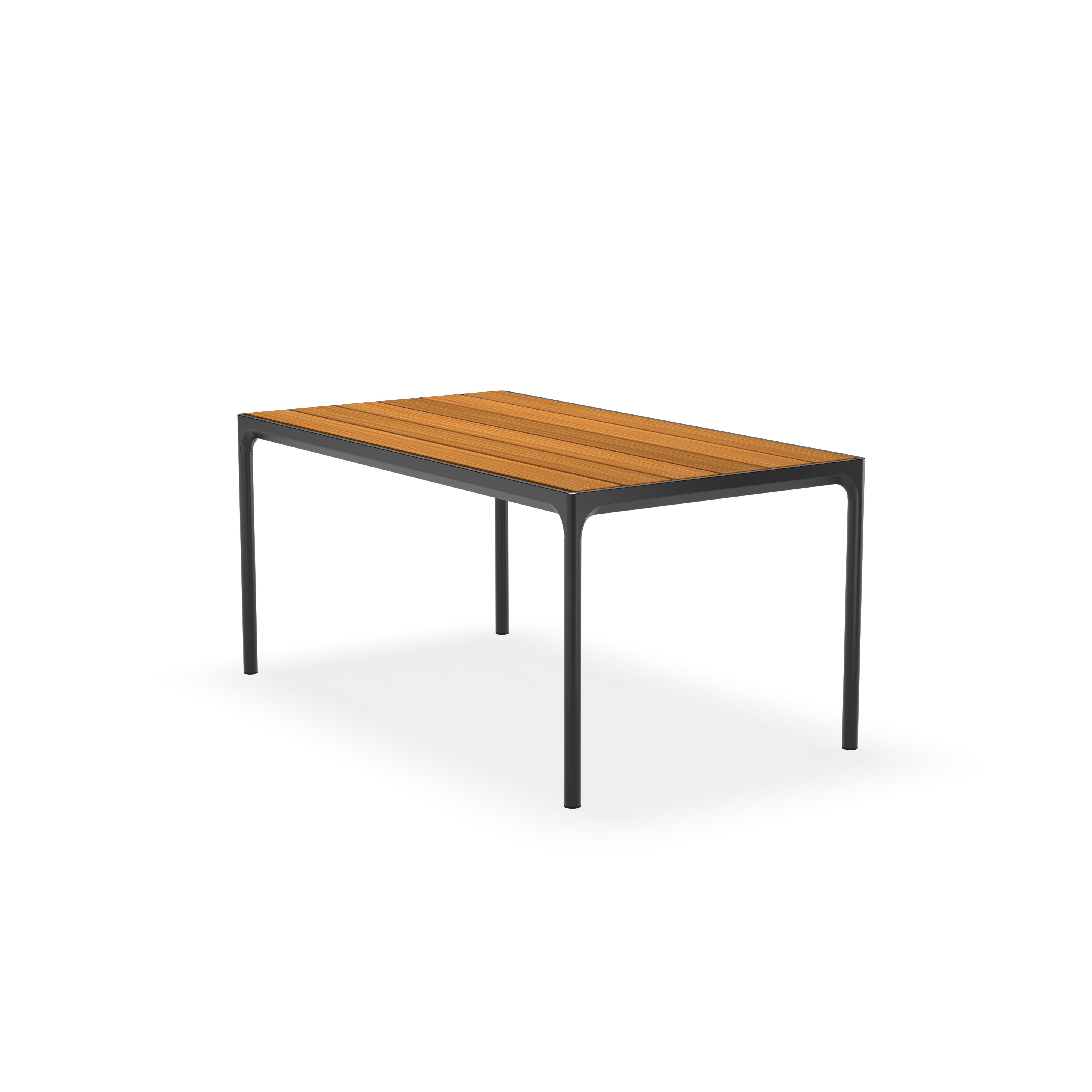 The Houe Four Table features a rectangular design with a light brown wooden top and powder-coated black metal legs, making it an ideal addition to any outdoor dining collection. Set against a plain black background, this piece combines style and functionality.
