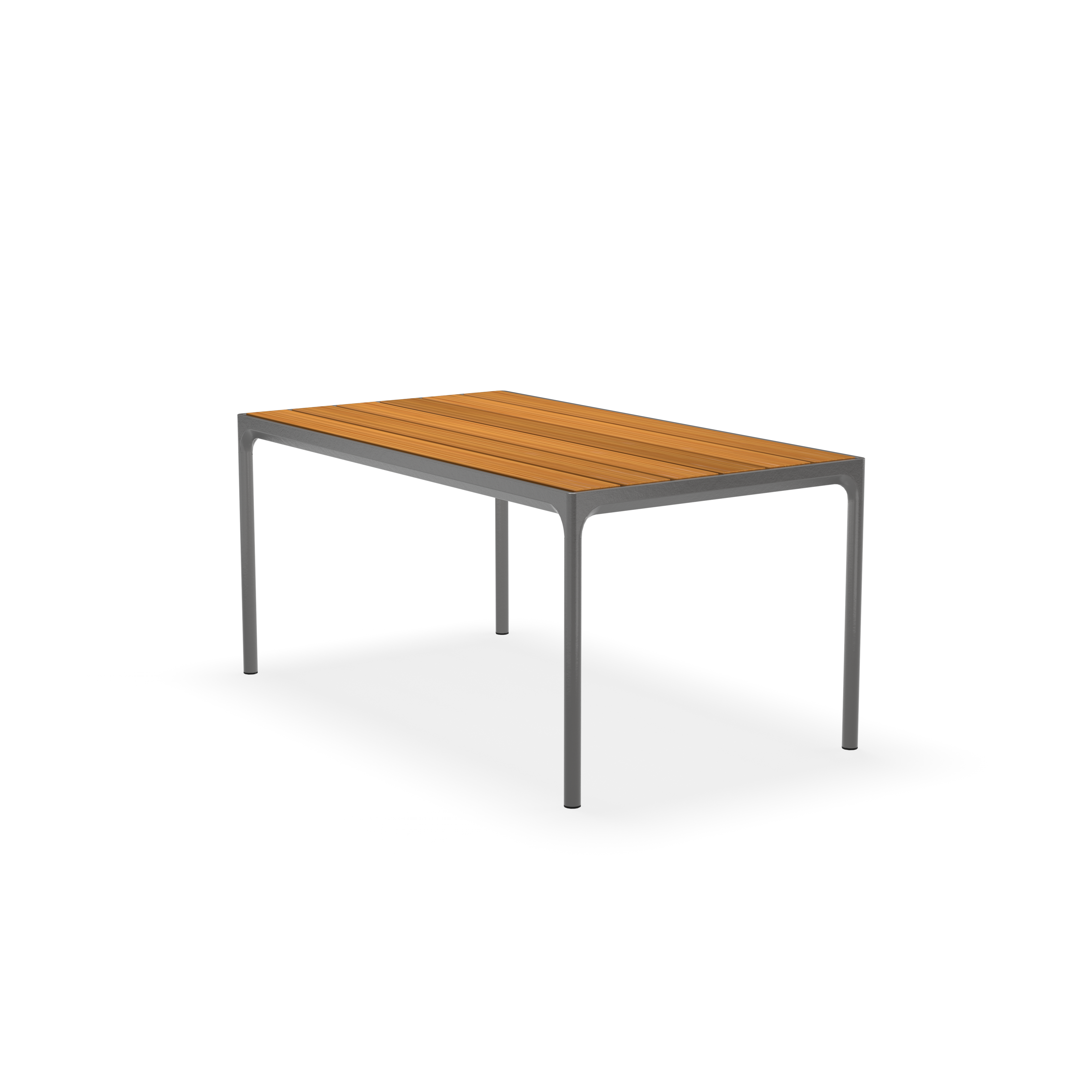 The Four Table by Houe is a rectangular table with a natural wood tabletop and contrasting powder-coated aluminum legs, offering a sleek, minimalist design. Set against a black background, it elevates any space with its striking elegance.