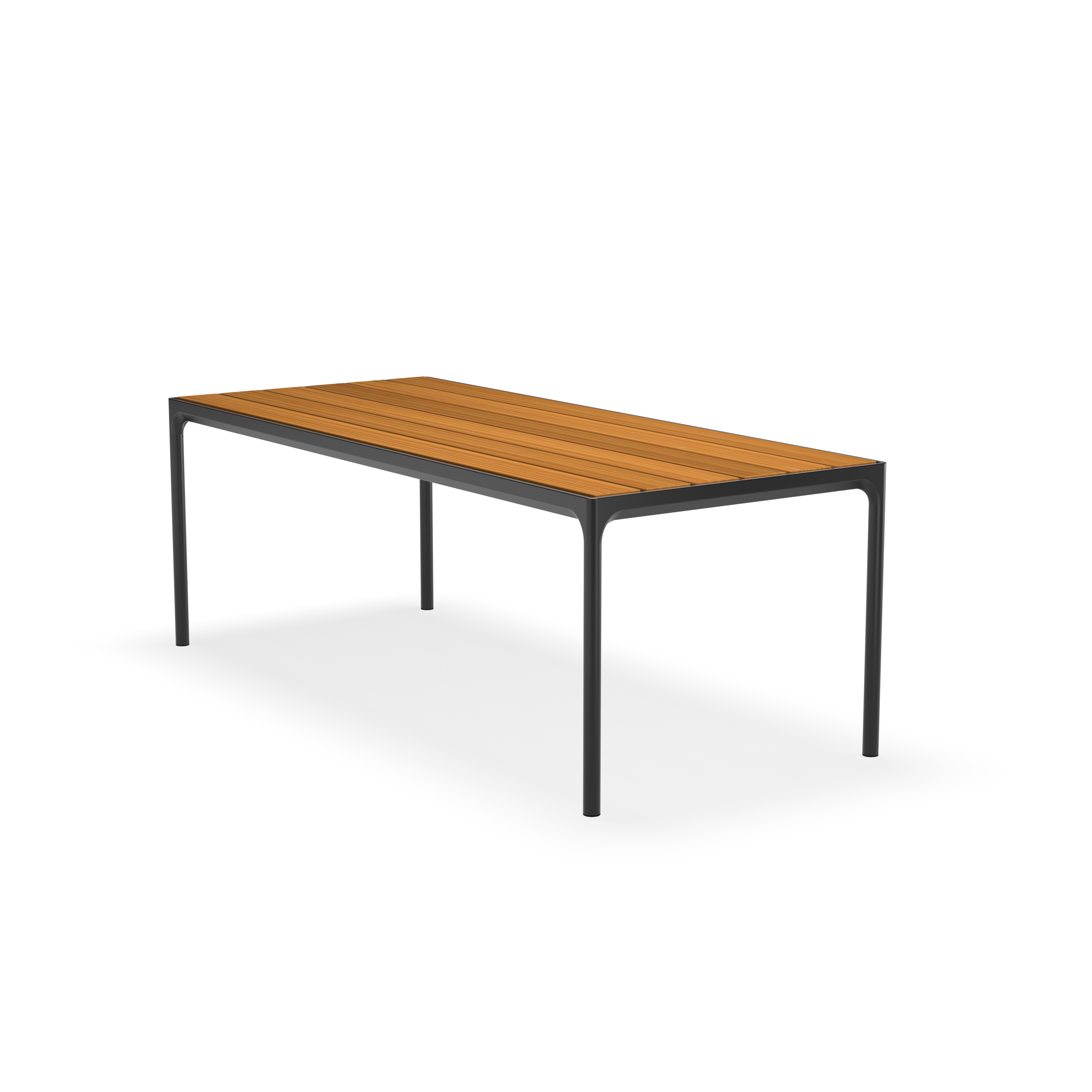 The Houe Four Table offers a modern rectangular design with a bamboo slatted top and powder-coated aluminum legs, ideal for outdoor dining.