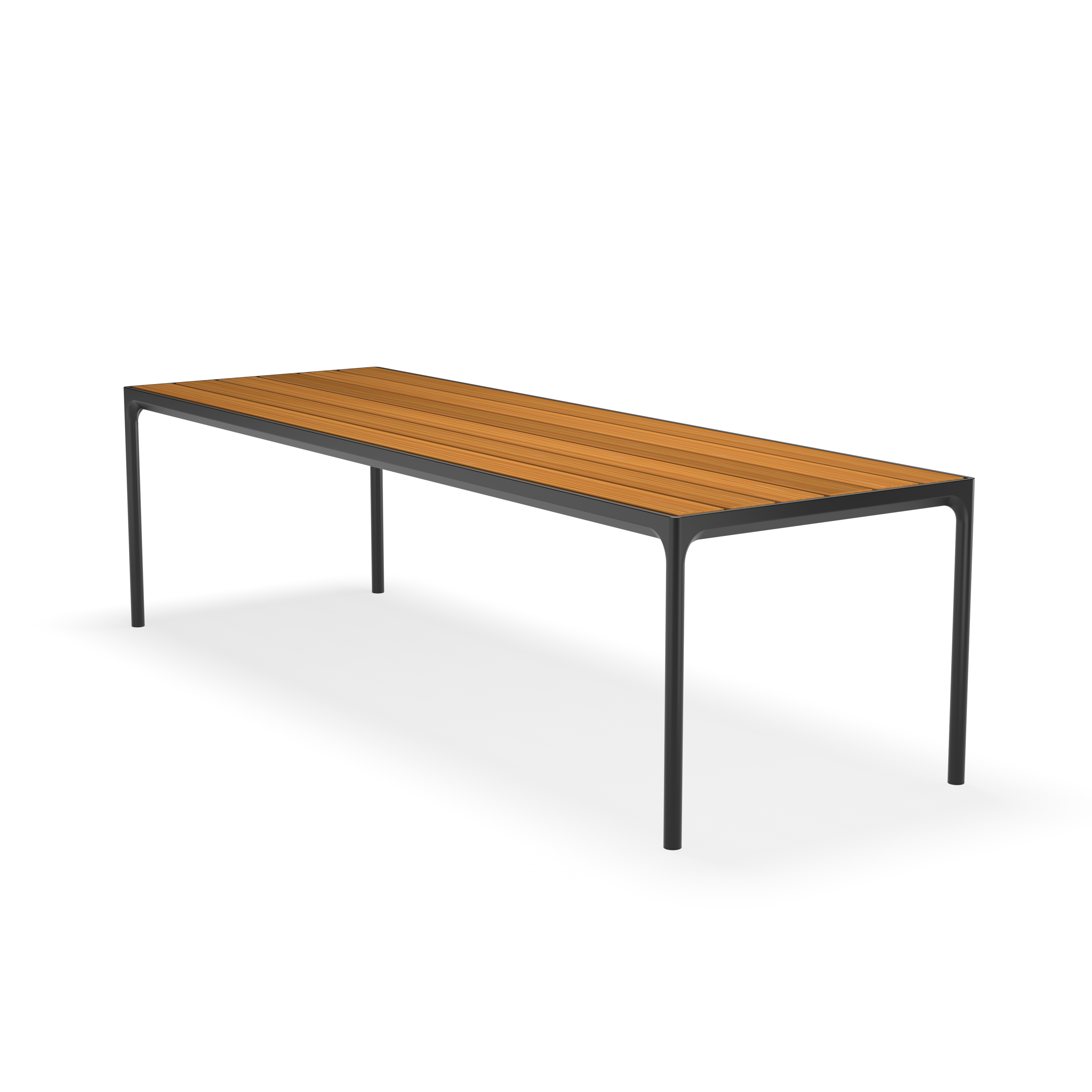 The Four Table by Houe showcases a minimalist black powder-coated aluminum frame with horizontal wooden slats for a sleek, modern design against a plain black background.