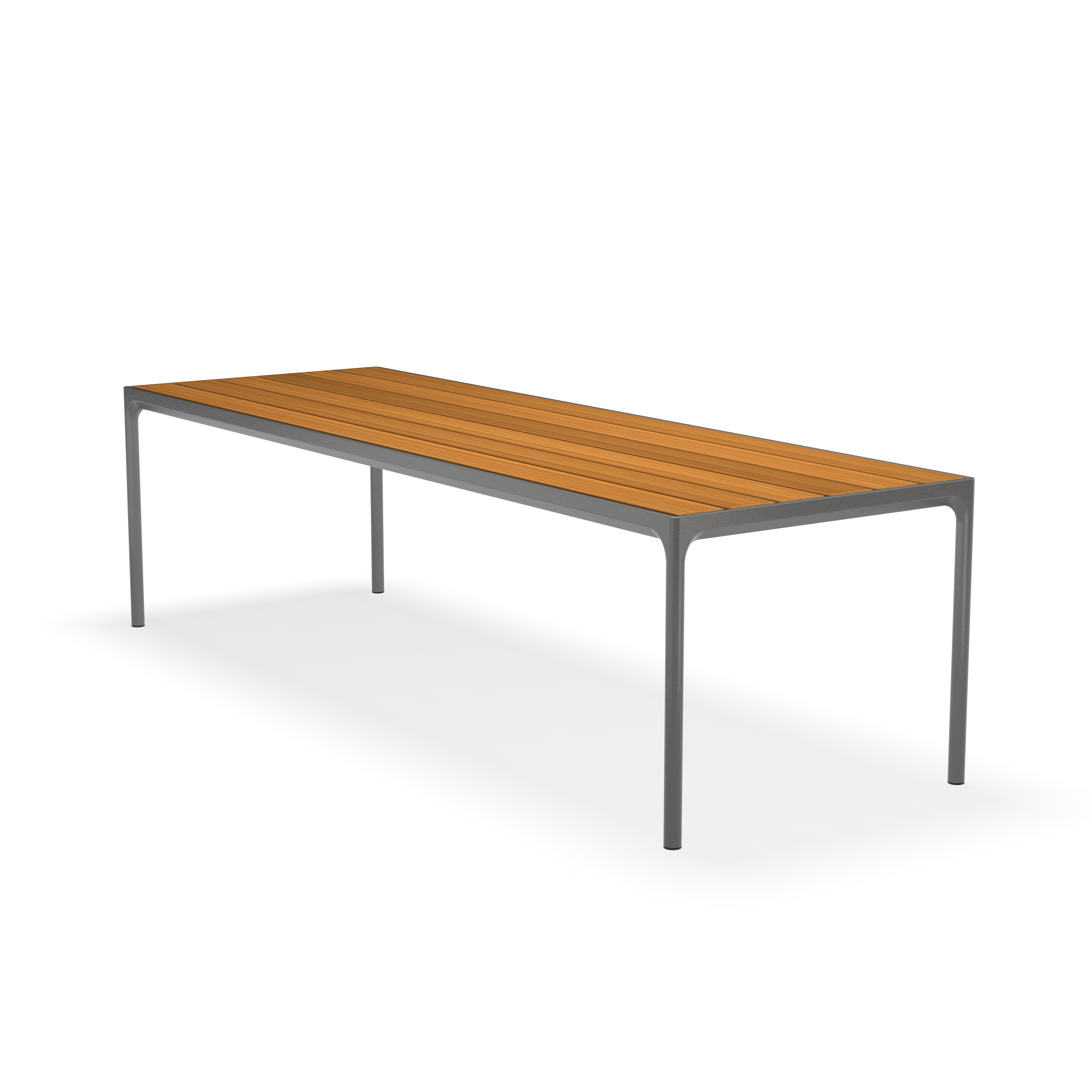 The Four Table by Houe features a modern, rectangular wooden slatted top with sleek powder-coated aluminum legs, showcased against a black background.