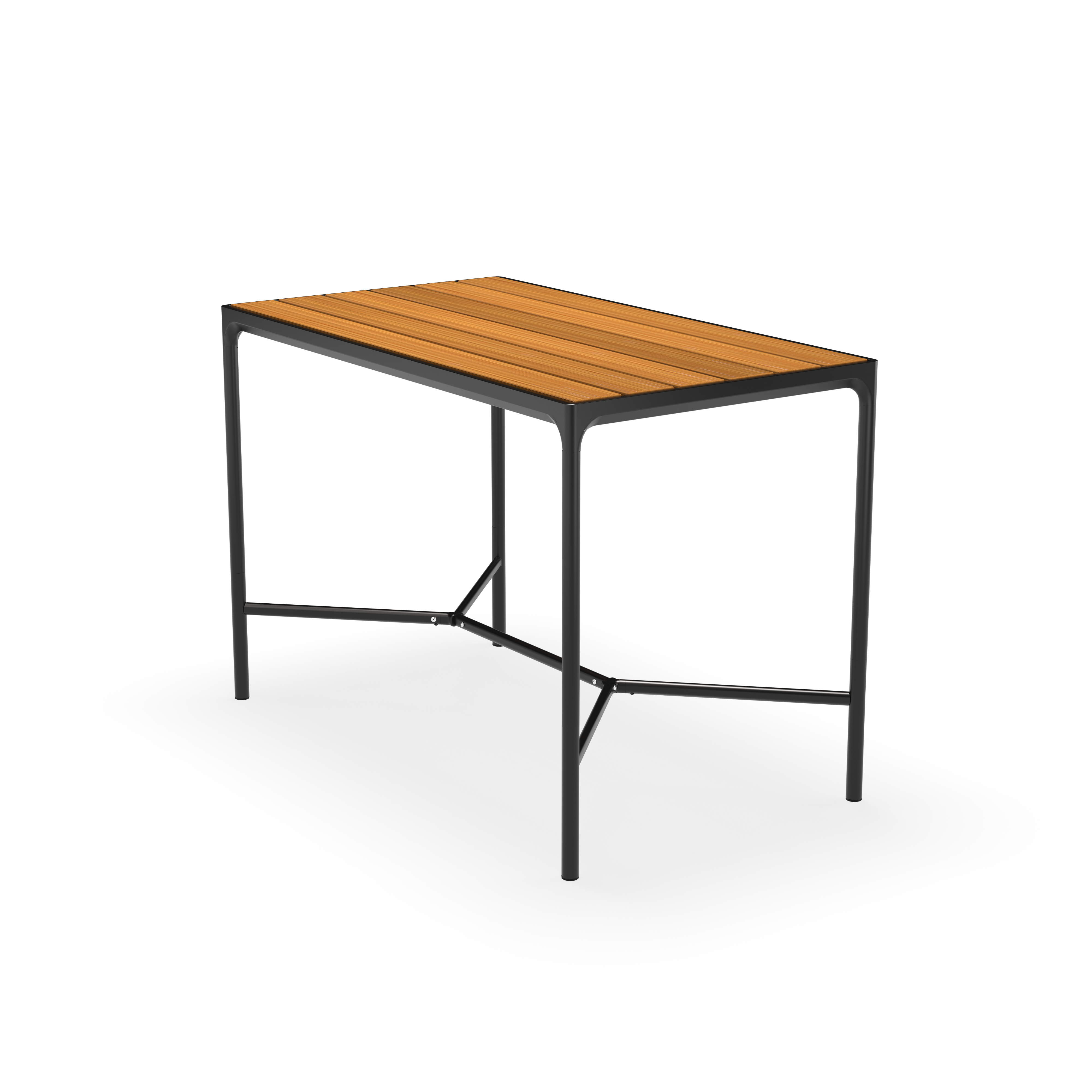 The Four Bar Table by Houe is a rectangular wooden table with a black powder-coated aluminum frame and legs. Featuring narrow wooden slats and a sturdy metal support bar at the base, it is perfect for outdoor dining settings, set against a solid black background.