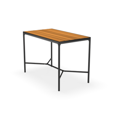 The Four Bar Table by Houe is a rectangular wooden table with a black powder-coated aluminum frame and legs. Featuring narrow wooden slats and a sturdy metal support bar at the base, it is perfect for outdoor dining settings, set against a solid black background.