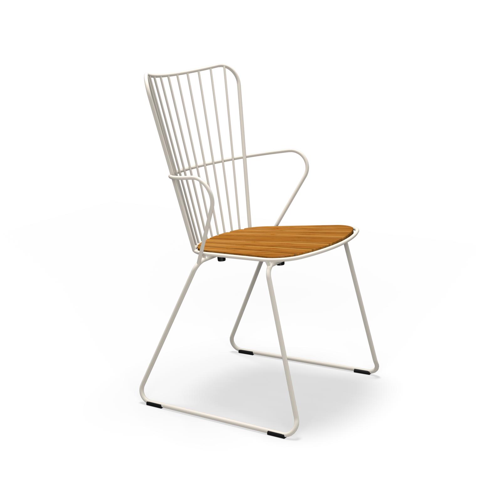 Experience Scandinavian design with the Paon Dining Chair by Houe. Its minimalist white metal frame and arms, high back with vertical slats, and wooden seat embody simplicity. Set against a black background, this piece echoes timeless elegance in modern style.