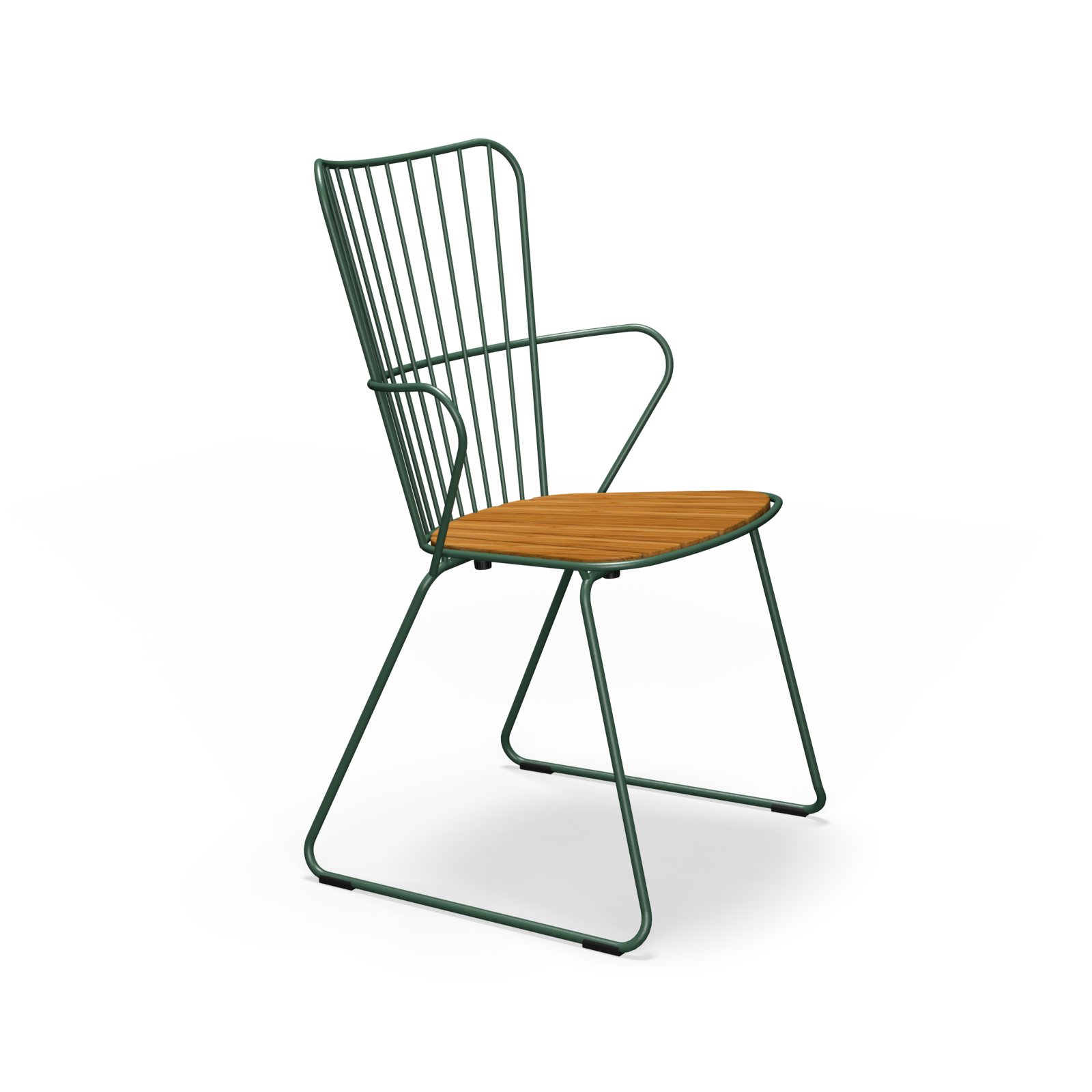 The Paon Dining Chair by Houe features a Scandinavian design with a green powder-coated steel wireframe and wooden seat. It has angled legs, armrests, and vertical wire detailing on the backrest, blending industrial and natural elements.