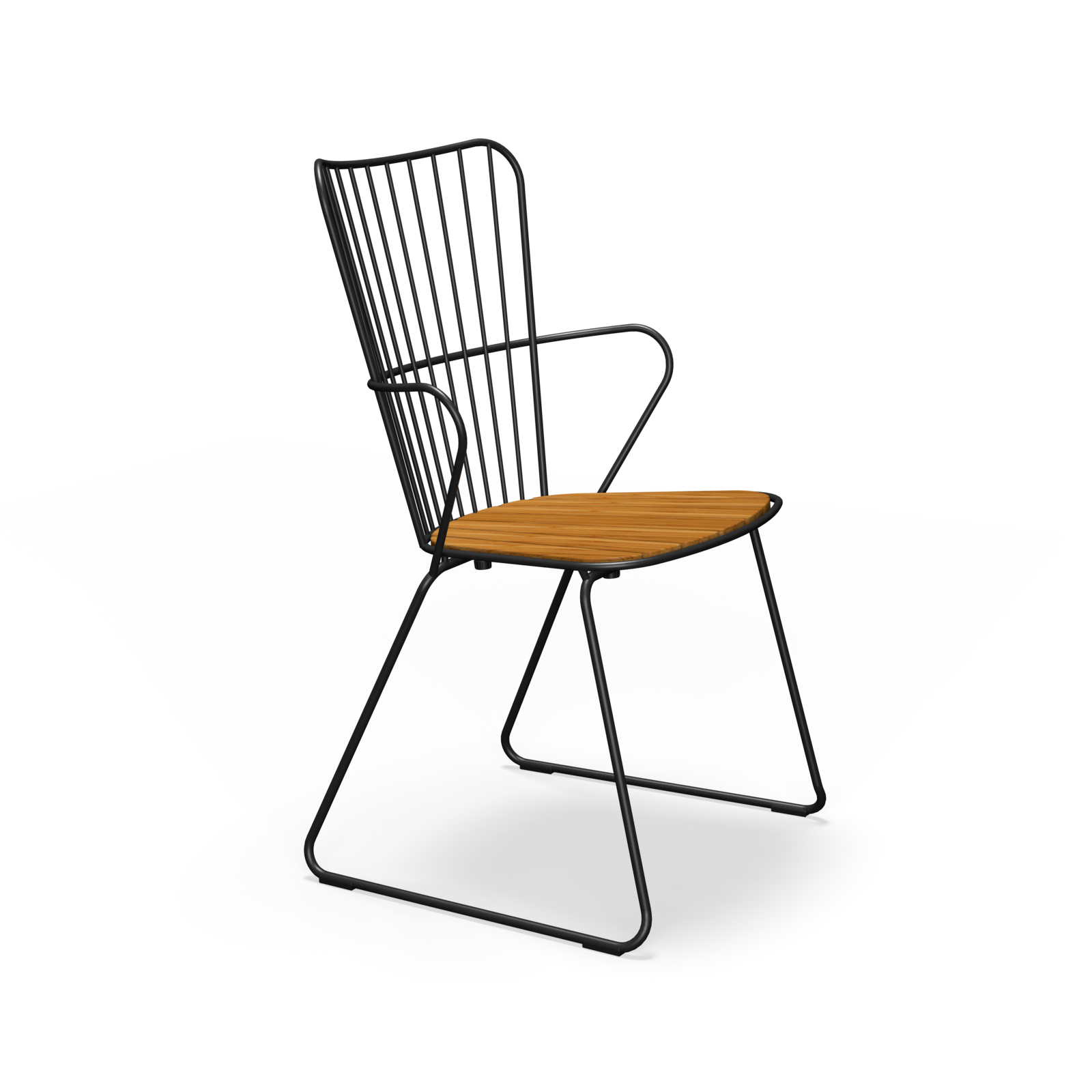 The Paon Dining Chair by Houe boasts a sleek black metal frame with a wooden seat, vertical back bars, and armrests. Inspired by Scandinavian design, its minimalist style features powder-coated steel construction that mirrors contemporary PAON chairs.