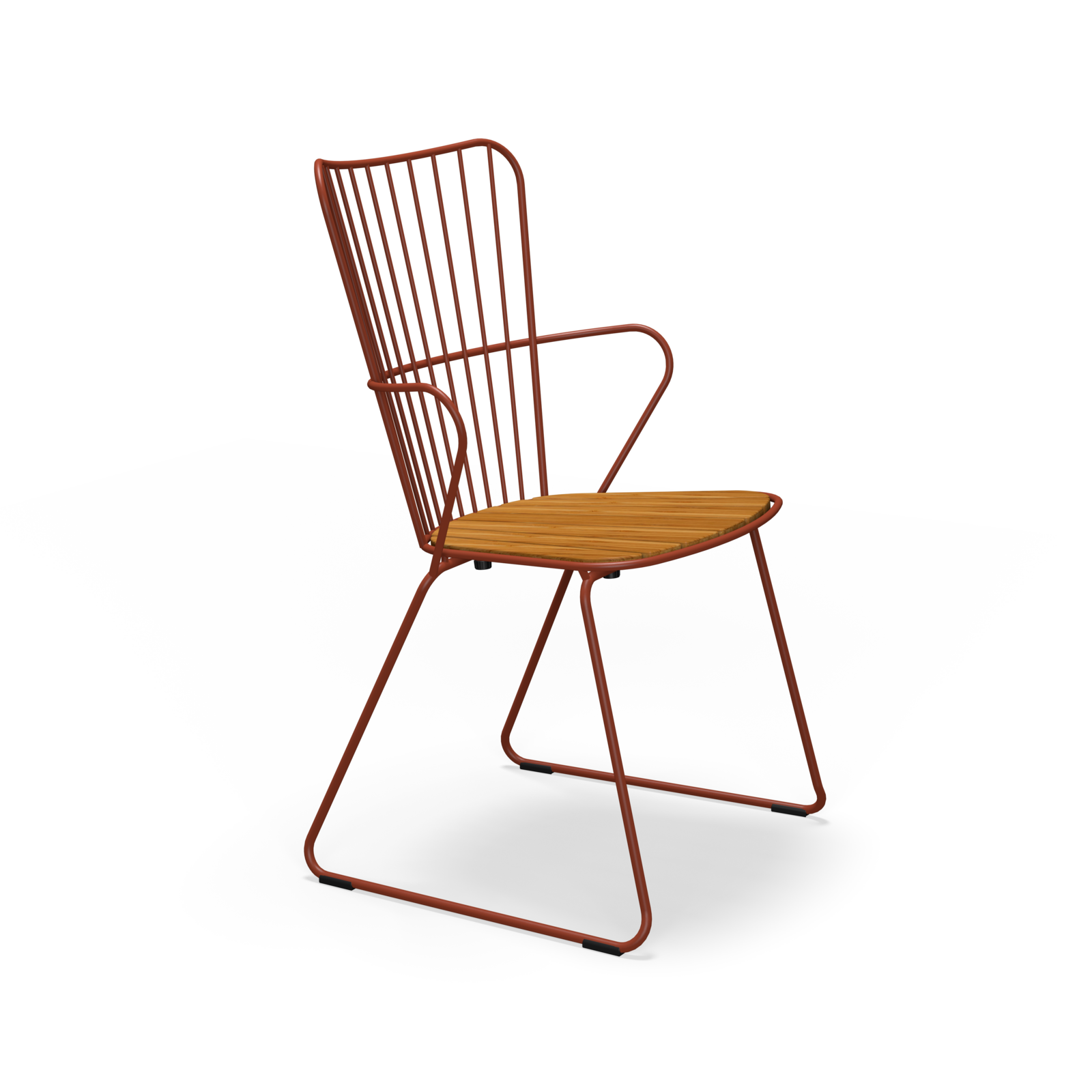 The Paon Dining Chair by Houe is crafted from powder-coated red steel and light wood, featuring a Scandinavian design with a high vertical slatted backrest, angled armrests, and a simple sturdy base.