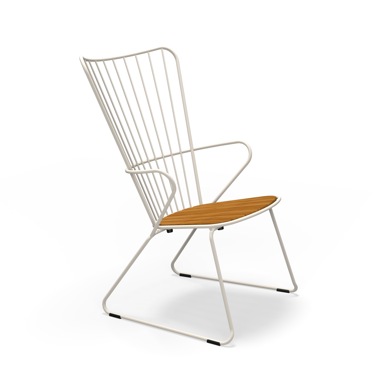 The Houe Paon Lounge Chair features a sleek design with a white powder-coated steel frame and wooden seat. Its back has vertical metal rods, and the legs form a continuous loop for a minimalist style.