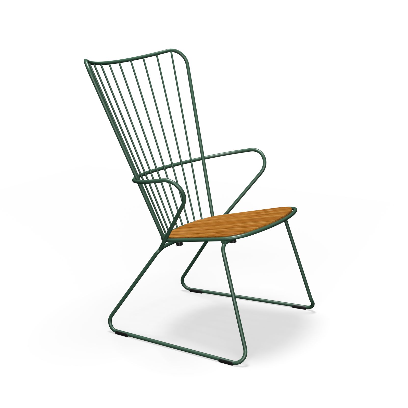 The Paon Lounge Chair by Houe features a black wireframe backrest and armrests, bamboo lamellas for the seat, and angled powder-coated steel legs that blend minimalism with elegance.