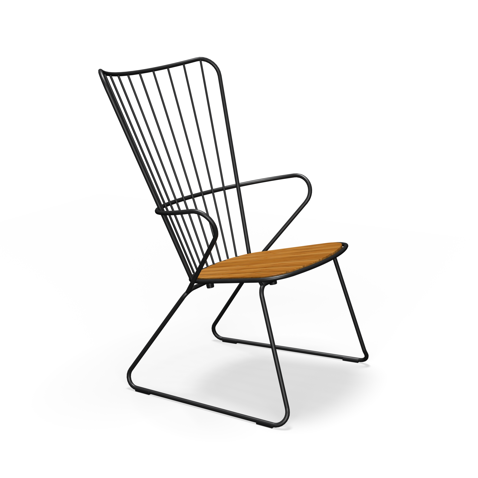 The Paon Lounge Chair by Houe features a sleek black powder-coated steel frame and a wooden slatted seat. Its angled backrest with vertical metal bars and angular legs creates a minimalist design, combining style and comfort effortlessly.