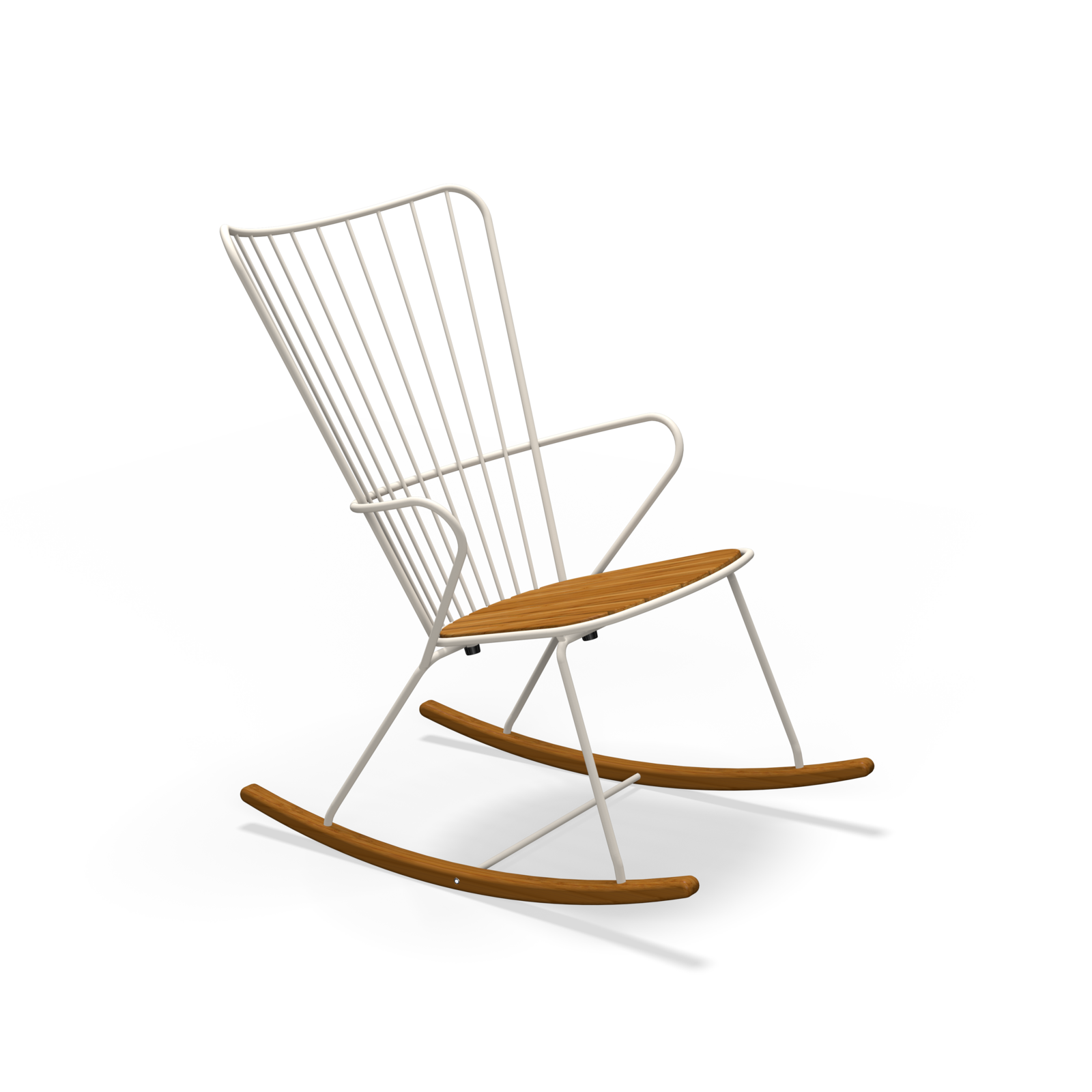 The Houe Paon Rocking Chair features a sleek white powder-coated steel frame with wooden seat and rockers. Its minimalist design includes vertical slats forming the backrest, creating a contemporary yet classic look against a black backdrop.