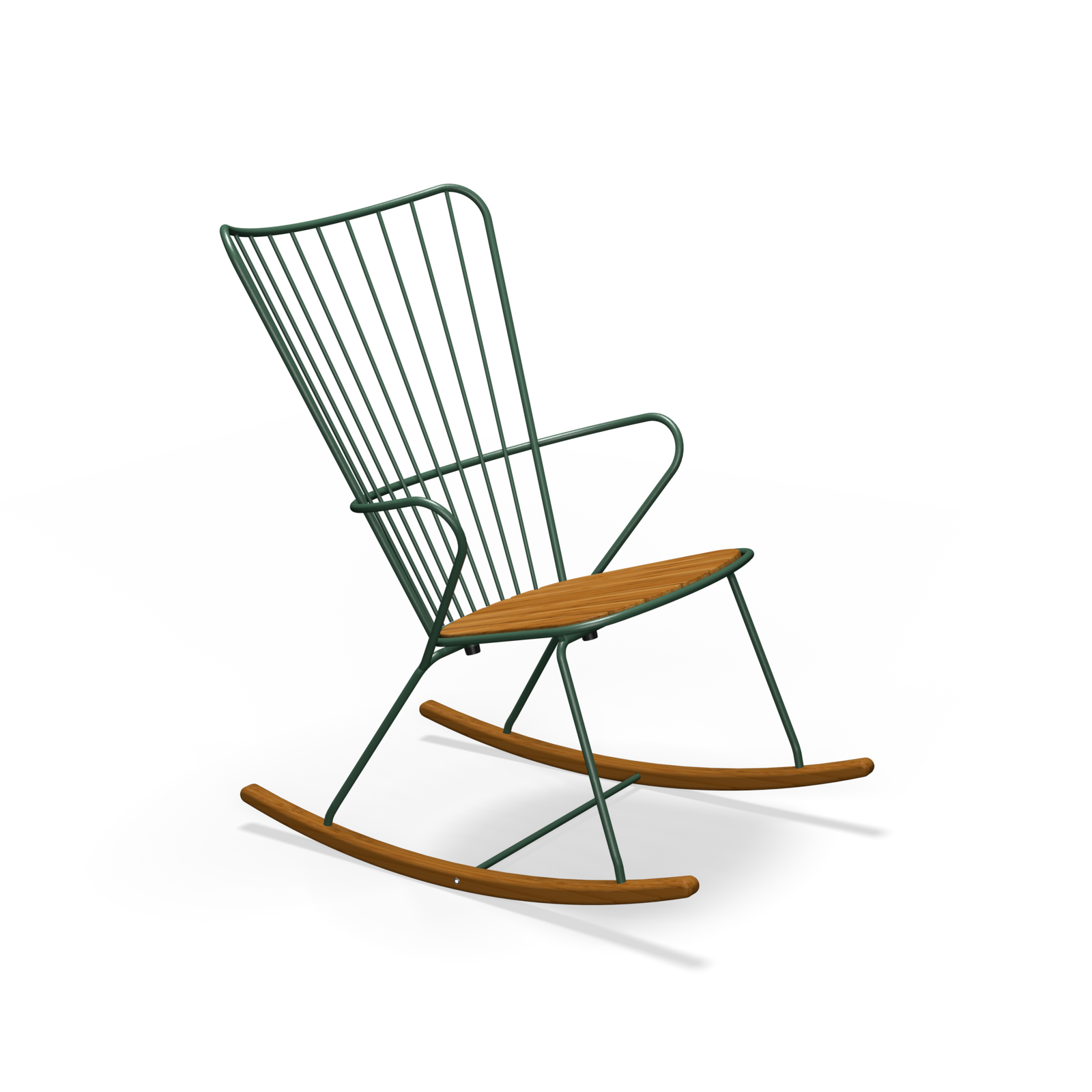 The Paon Rocking Chair from Houe combines a powder-coated black steel frame with wooden seat and rockers. Its high slatted backrest and minimalist design reflect the elegance of PAON chairs, all set against a black backdrop.