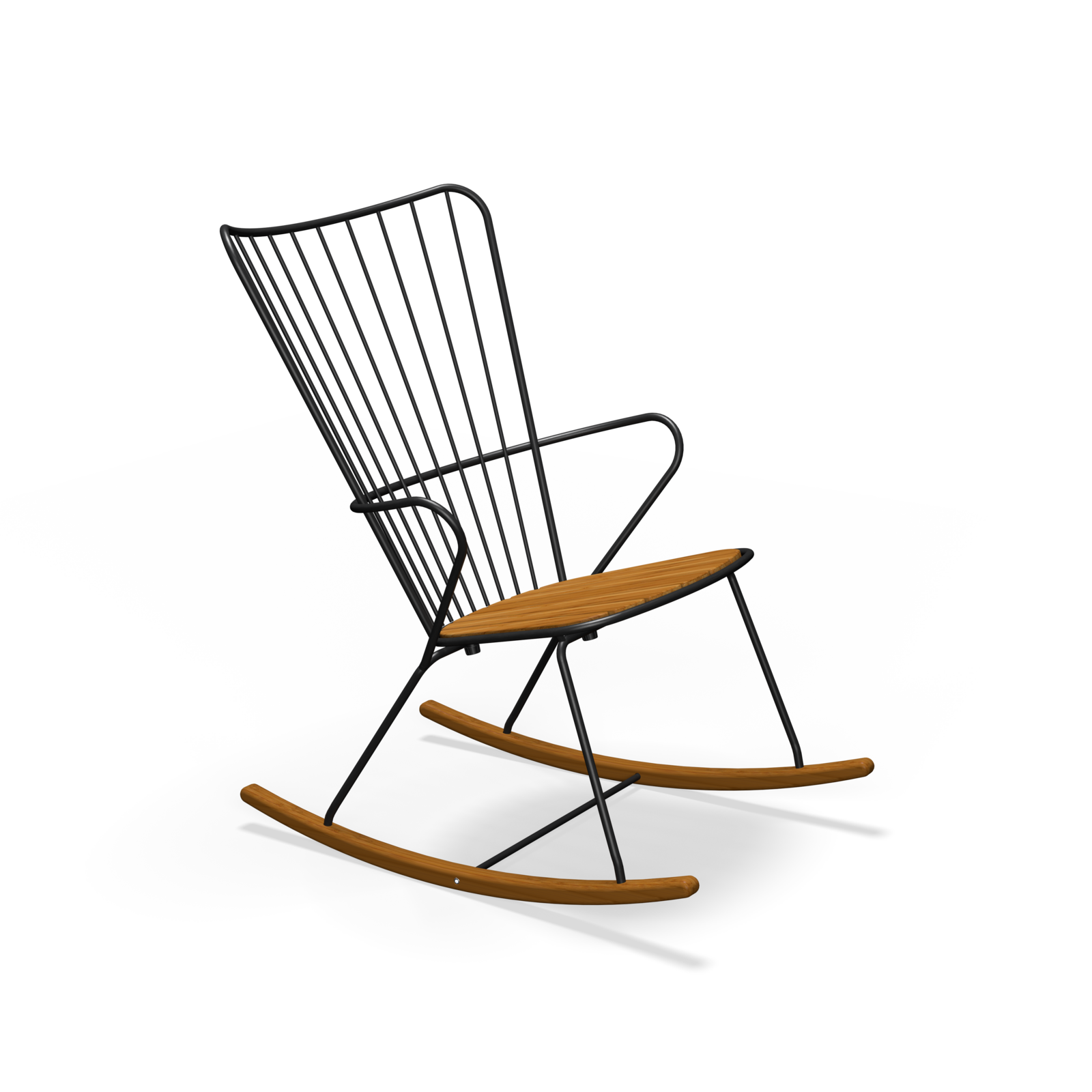 A sleek, modern Paon Rocking Chair by Houe features a black powder-coated steel frame, wooden seat and rockers, and a minimalist design with vertical metal bars in the backrest, set against a plain black backdrop.
