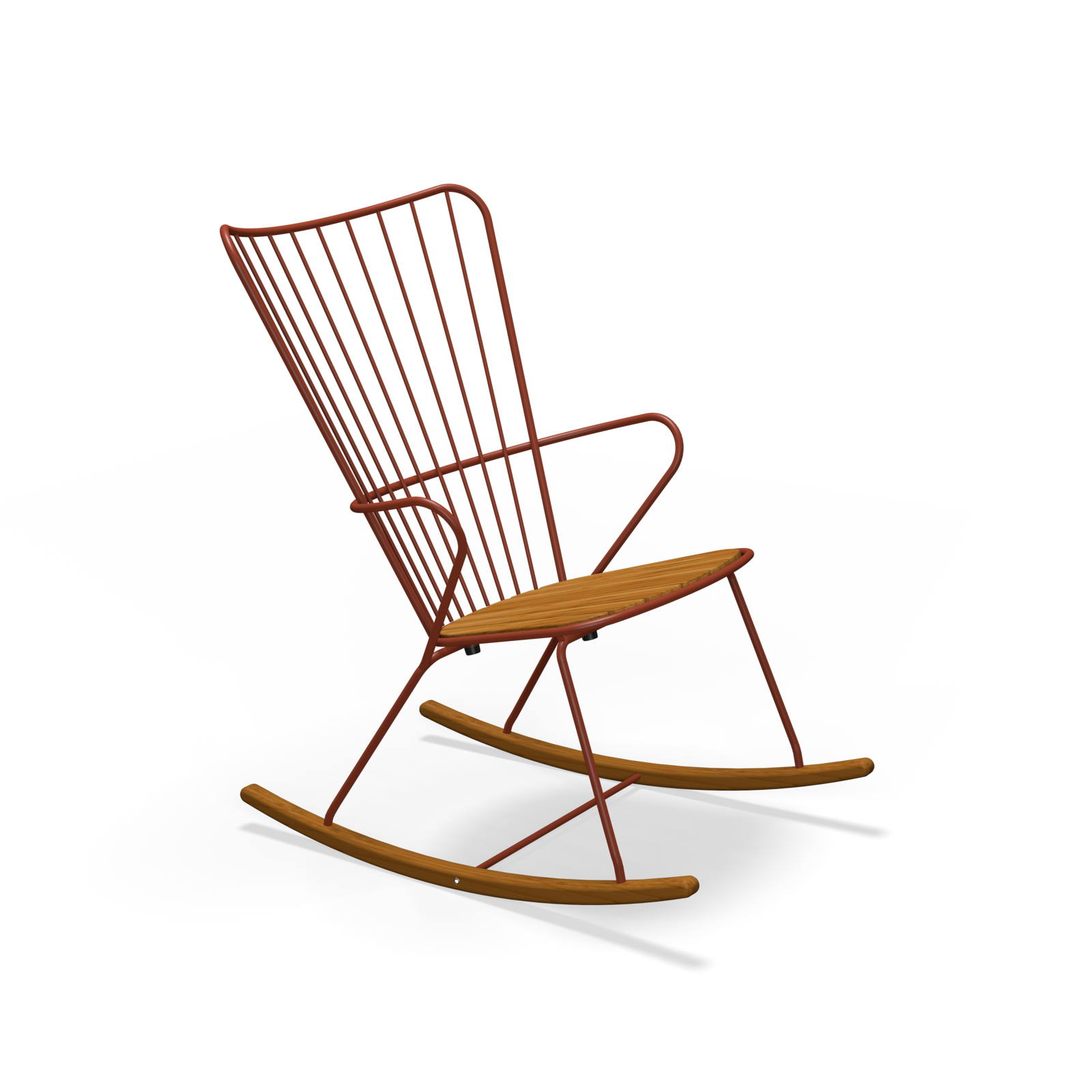 Introducing the Paon Rocking Chair by Houe: a modern minimalist chair with a powder-coated steel frame in vibrant red and a sleek wooden seat. Its high backrest and elegant lines offer unparalleled comfort and style against a solid black background.