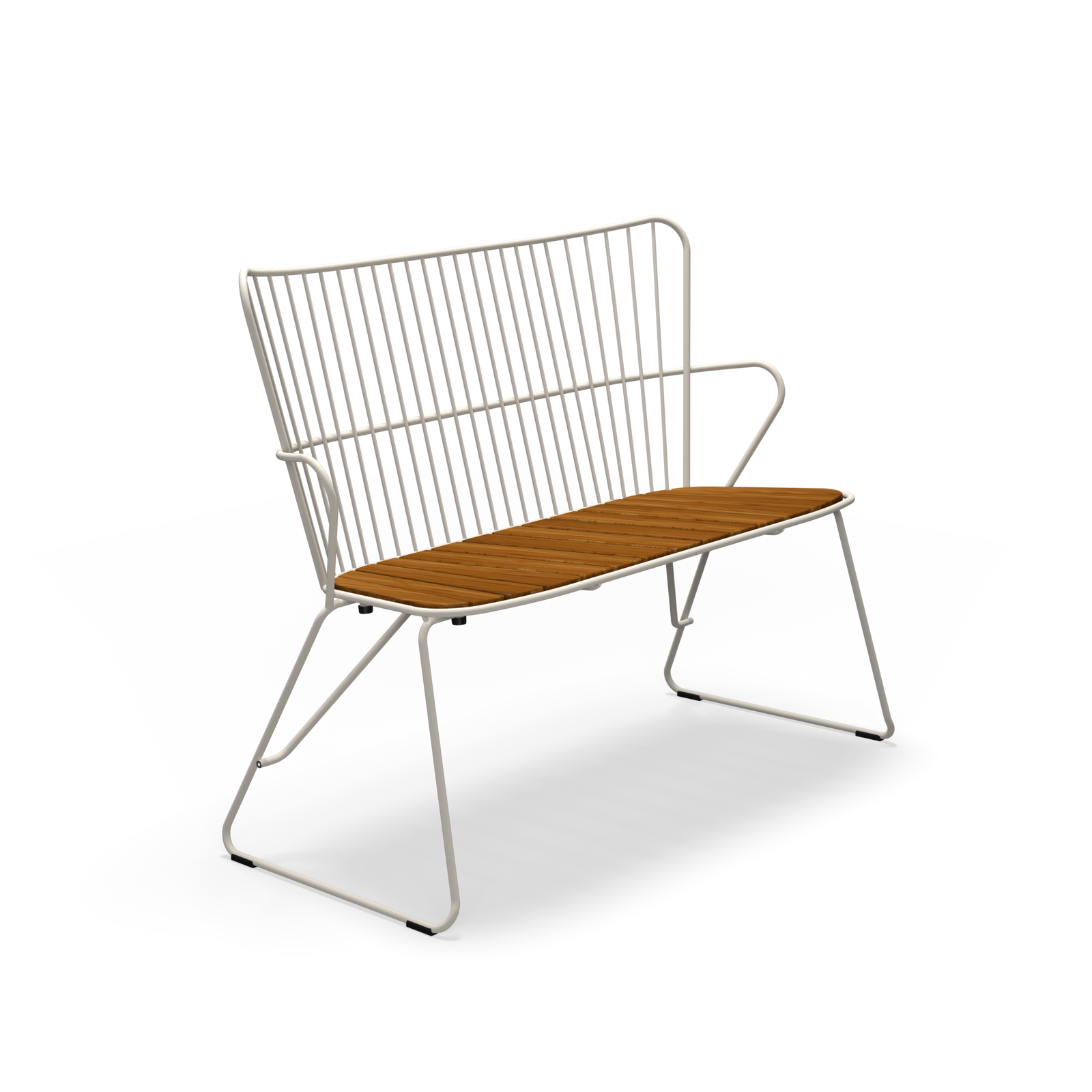 The Paon Bench by Houe features a modern Scandinavian design with a sleek white metal frame and wooden seat, complemented by a vertical slat backrest and angled metal legs, all highlighted against a black background.