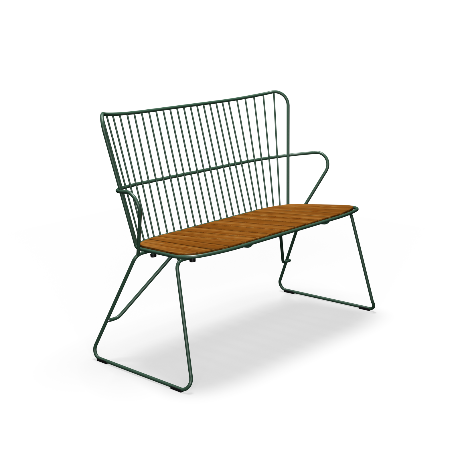 Introducing the Paon Bench by Houe in Scandinavian design, featuring a modern wireframe backrest and arms with a wooden slatted seat. The dark green frame contrasts beautifully with the natural wood color, offering a minimalist and contemporary aesthetic.