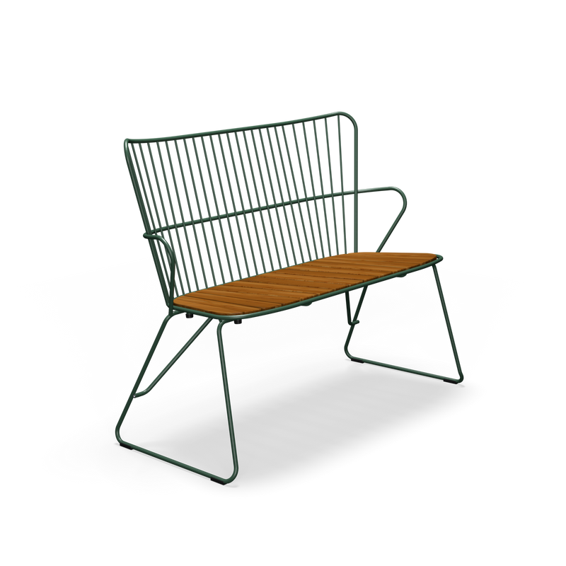 Introducing the Paon Bench by Houe in Scandinavian design, featuring a modern wireframe backrest and arms with a wooden slatted seat. The dark green frame contrasts beautifully with the natural wood color, offering a minimalist and contemporary aesthetic.