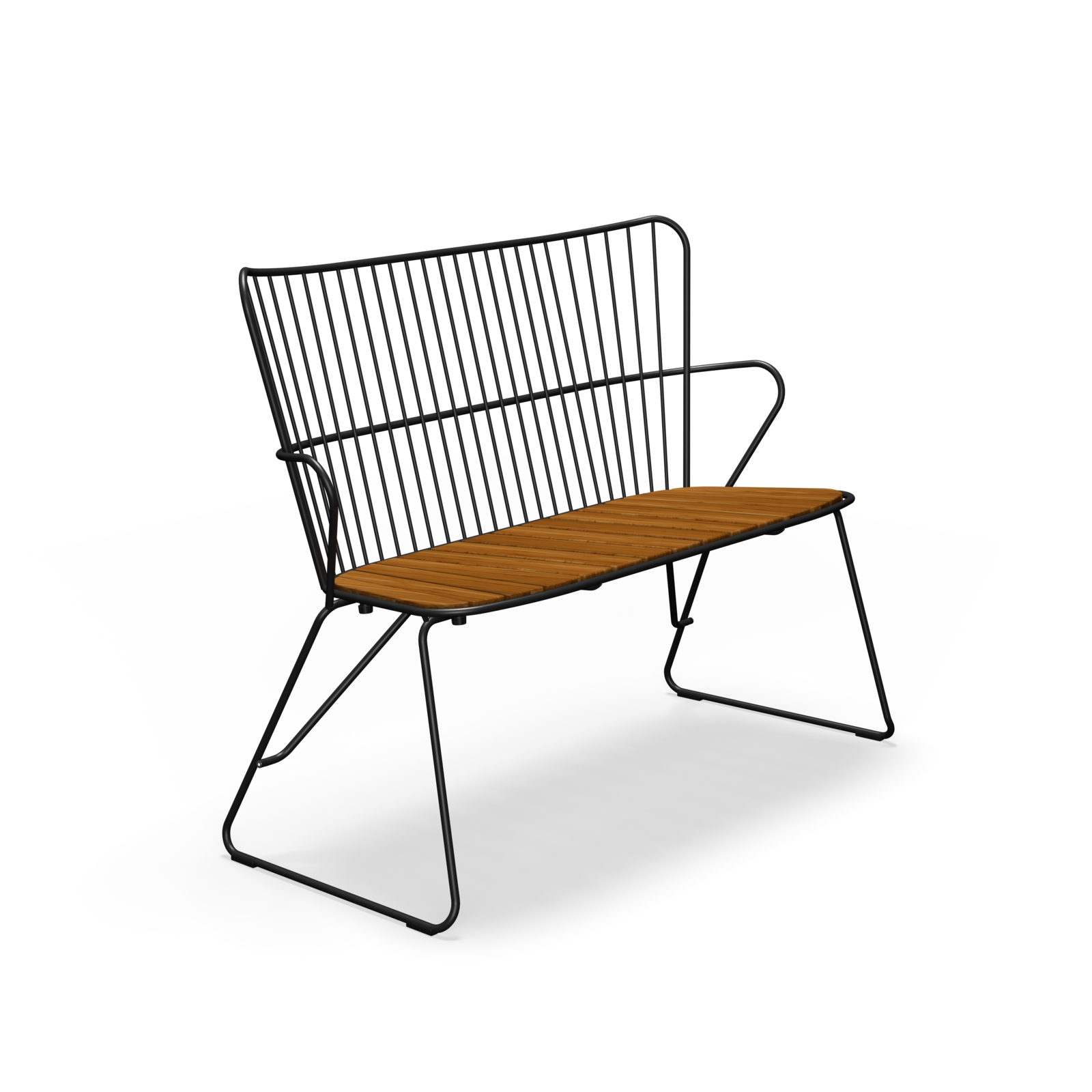 The Paon Bench by Houe features a sleek, minimalist modern design with a black metal frame and bamboo lamella wooden seat. Its thin vertical backrest rods and angled legs blend industrial style with Scandinavian design elements.