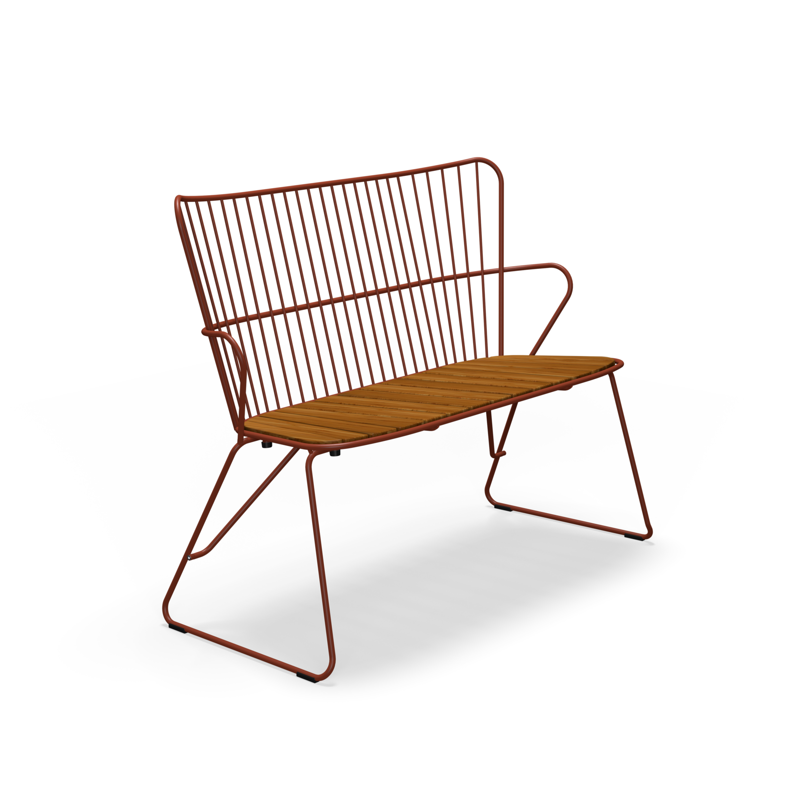 A modern Paon Bench with a rust-colored metal finish and minimalist Scandinavian design by Houe. It features a wire backrest, a wooden slatted seat, and sleek angled legs reminiscent of PAON chairs, all on a plain black background.