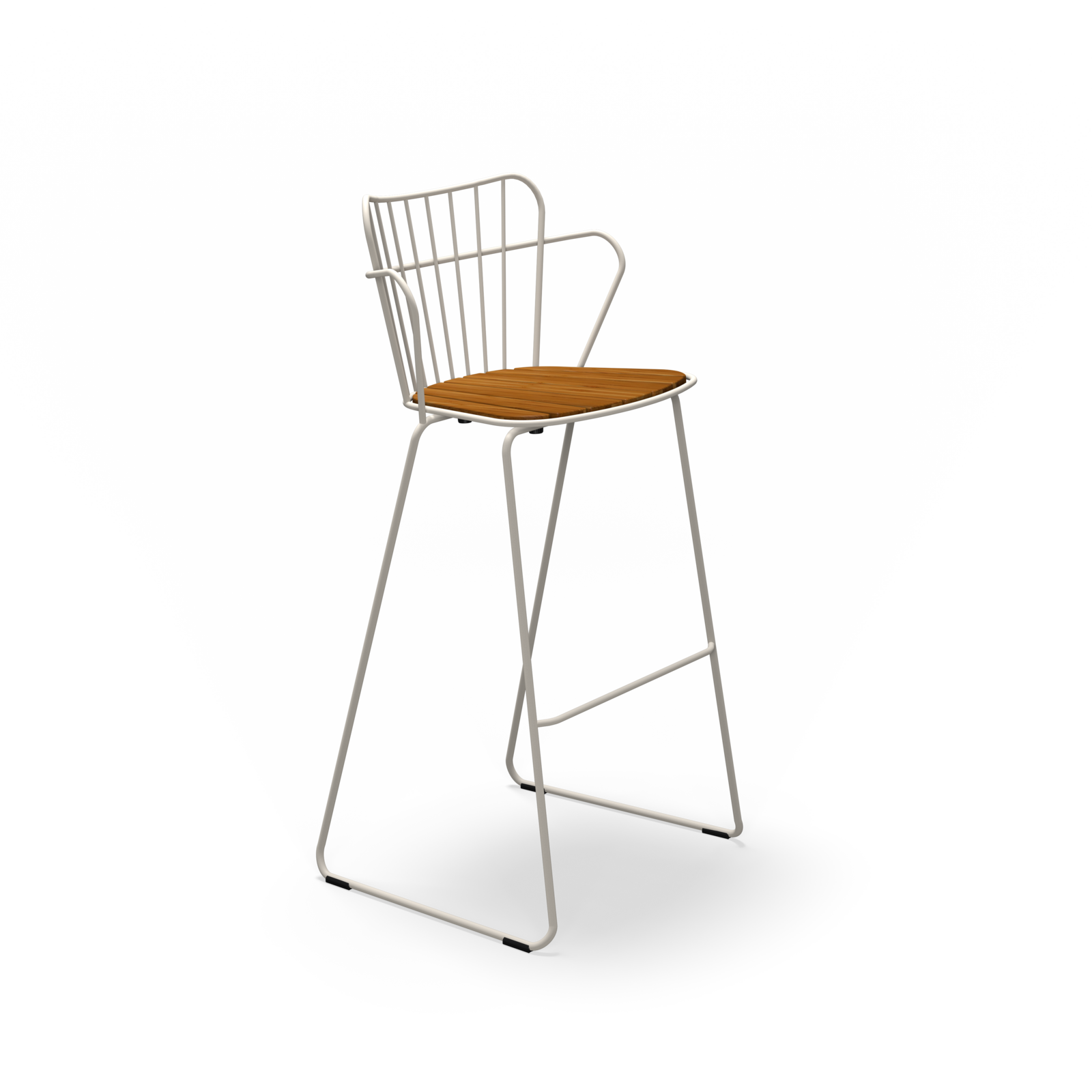 The Paon Barstool by Houe features a stylish minimalist design with a metal frame and wooden seat. It boasts a high back with vertical bars, angled legs with a footrest, and its Scandinavian-inspired aesthetic blends beautifully with the black frame and natural-finish seat.