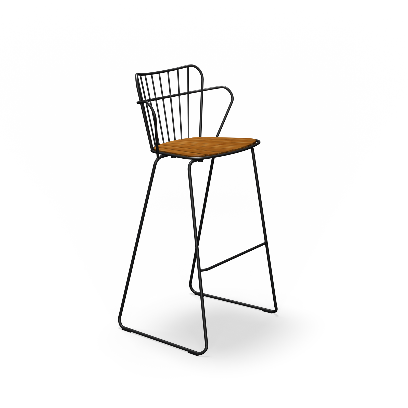 The Paon Barstool by Houe features a tall, modern design with a slender black metal frame and wooden seat, embodying Scandinavian style. Its backrest with a minimalist wire motif echoes PAON chairs, seamlessly integrating with the footrests.